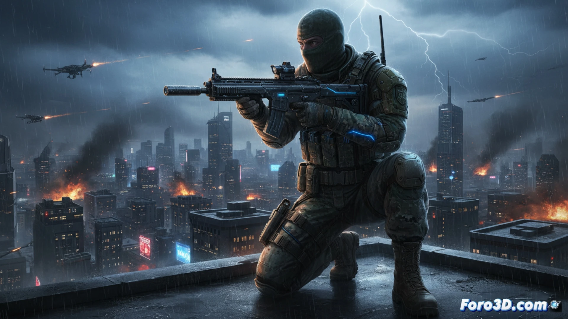 Un soldado moderno en un paisaje urbano futurista, con el título 'Modern Warfare 4' y la fecha octubre 2026 superpuesta.