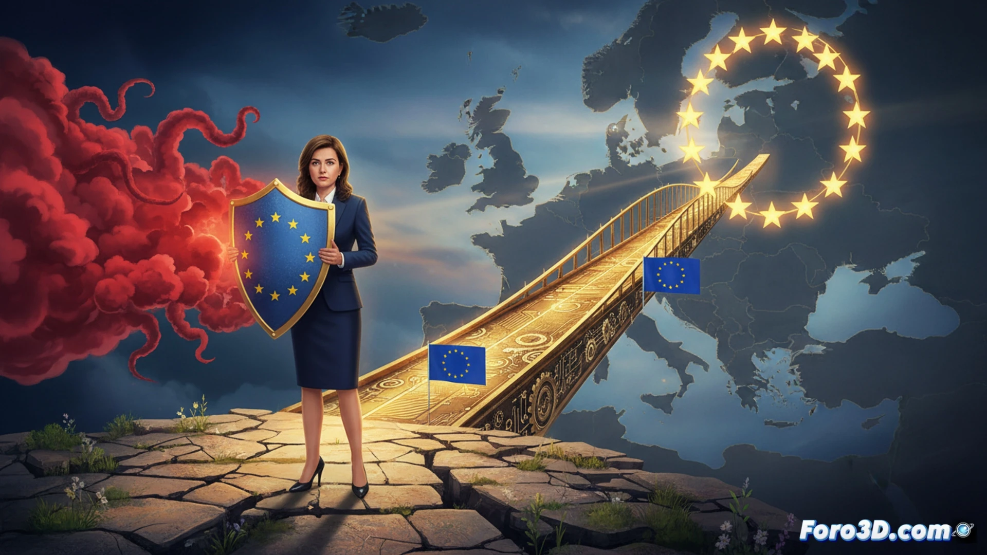 Moldavia, simbolizada por un escudo con la bandera de la UE, protege a una figura de la presidenta Maia Sandu de una sombra roja rusa.