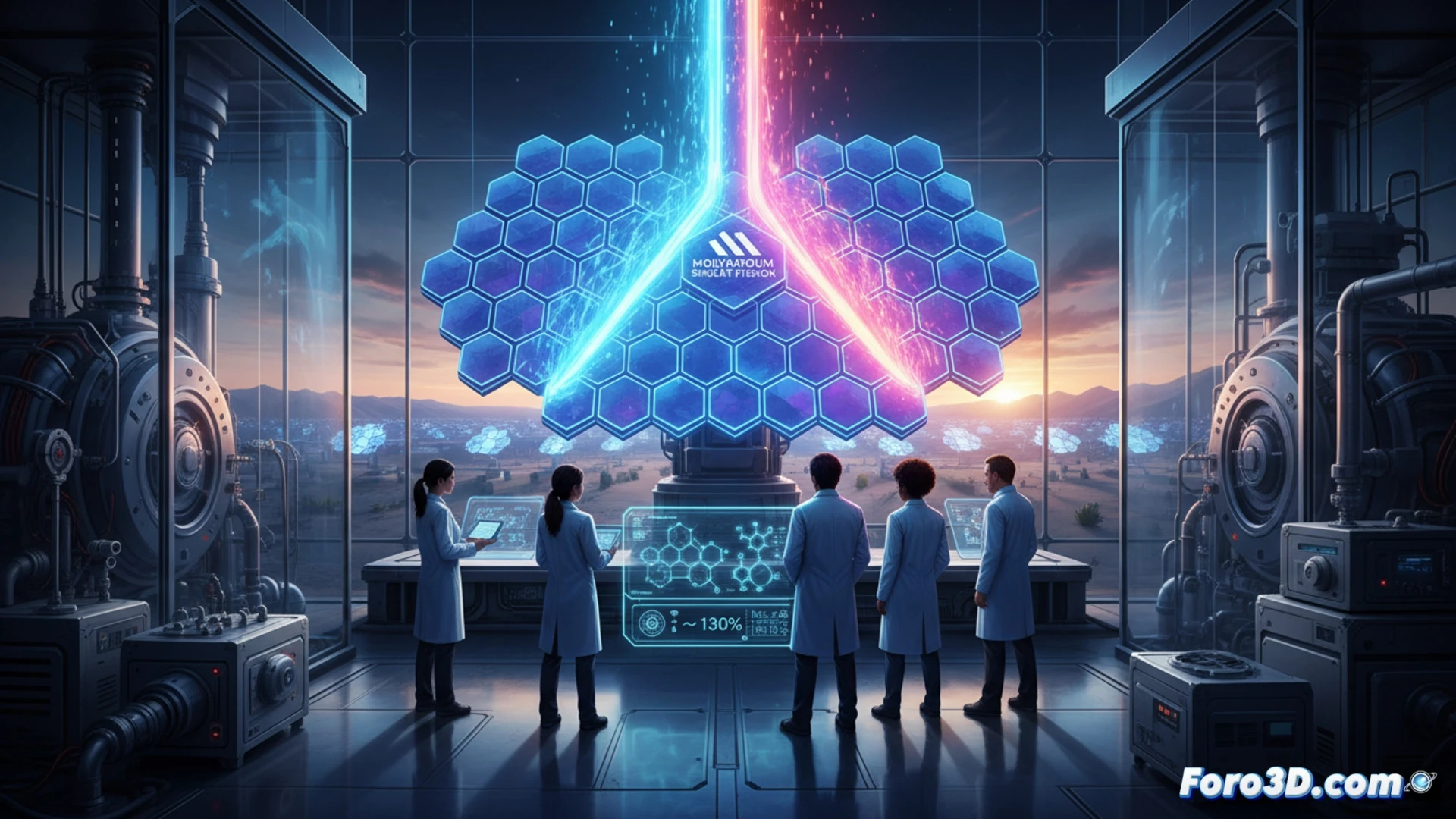 Cristales de molibdeno bajo un microscopio, con un diagrama cuántico de fisión de singlete superpuesto en tonos azules y dorados.