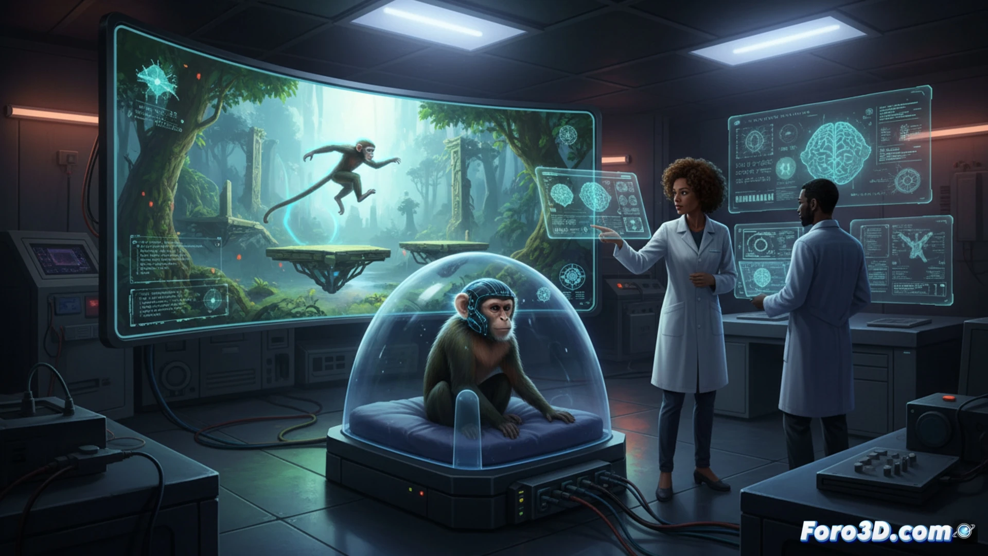 Un mono con un casco de realidad virtual y sensores cerebrales controla un avatar 3D solo con su mente, sin mover el cuerpo.