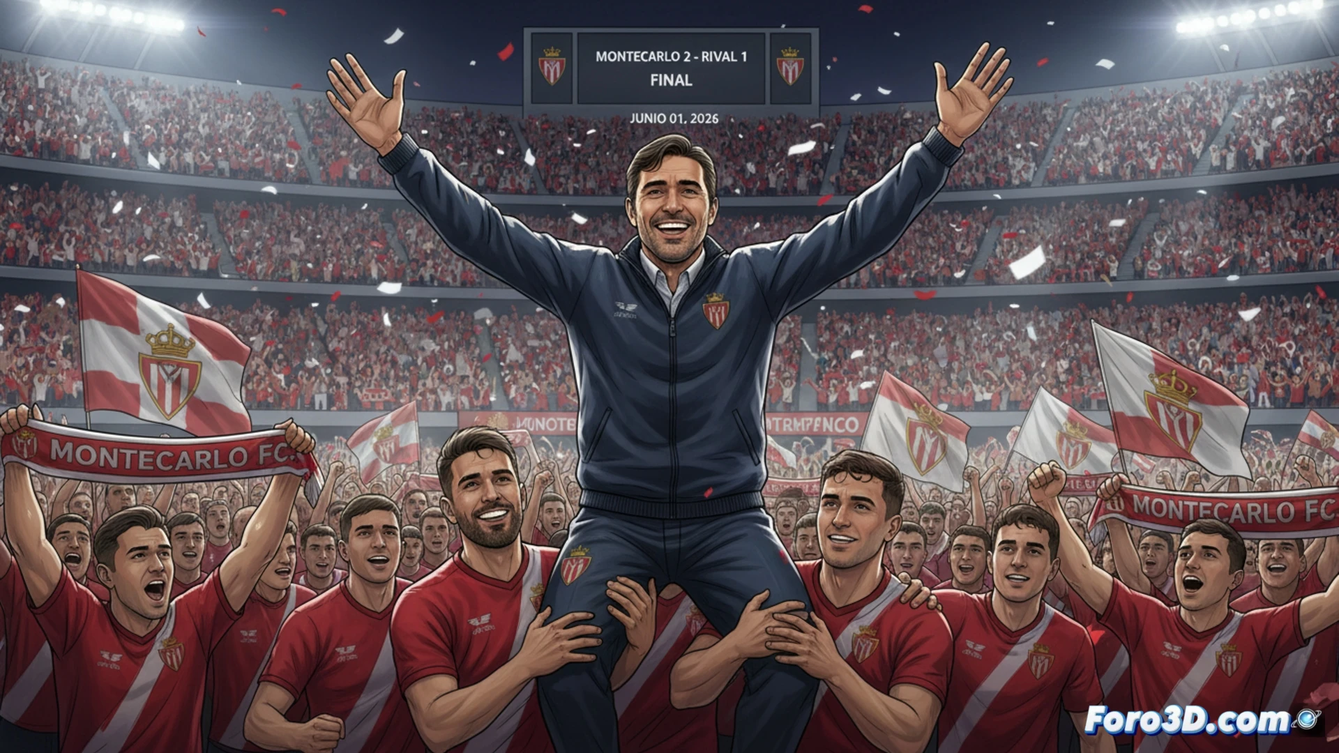 Jugadores juveniles celebran en el campo con afición al fondo, bajo un cielo de tormenta despejada.