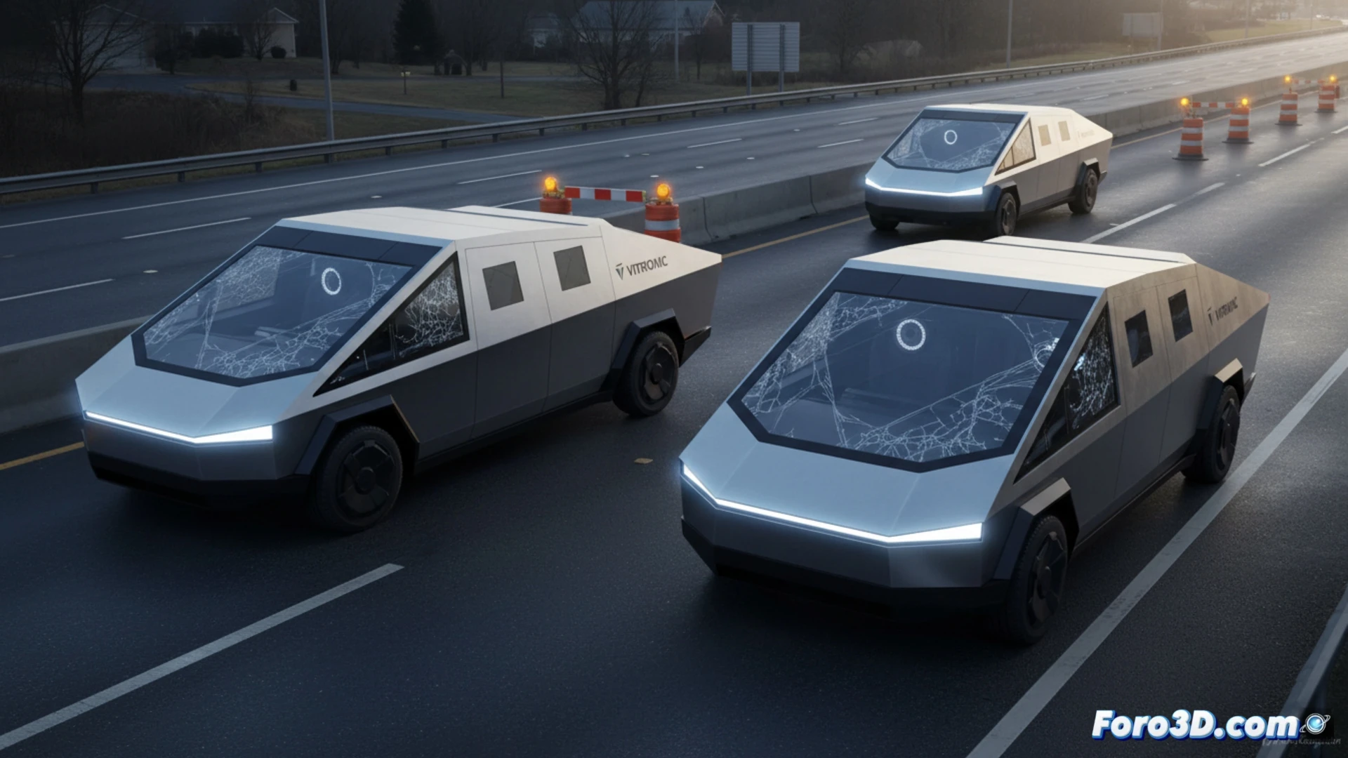 Un radar móvil angular y plateado, similar al Cybertruck, desplegado junto a una carretera en una zona de obras.