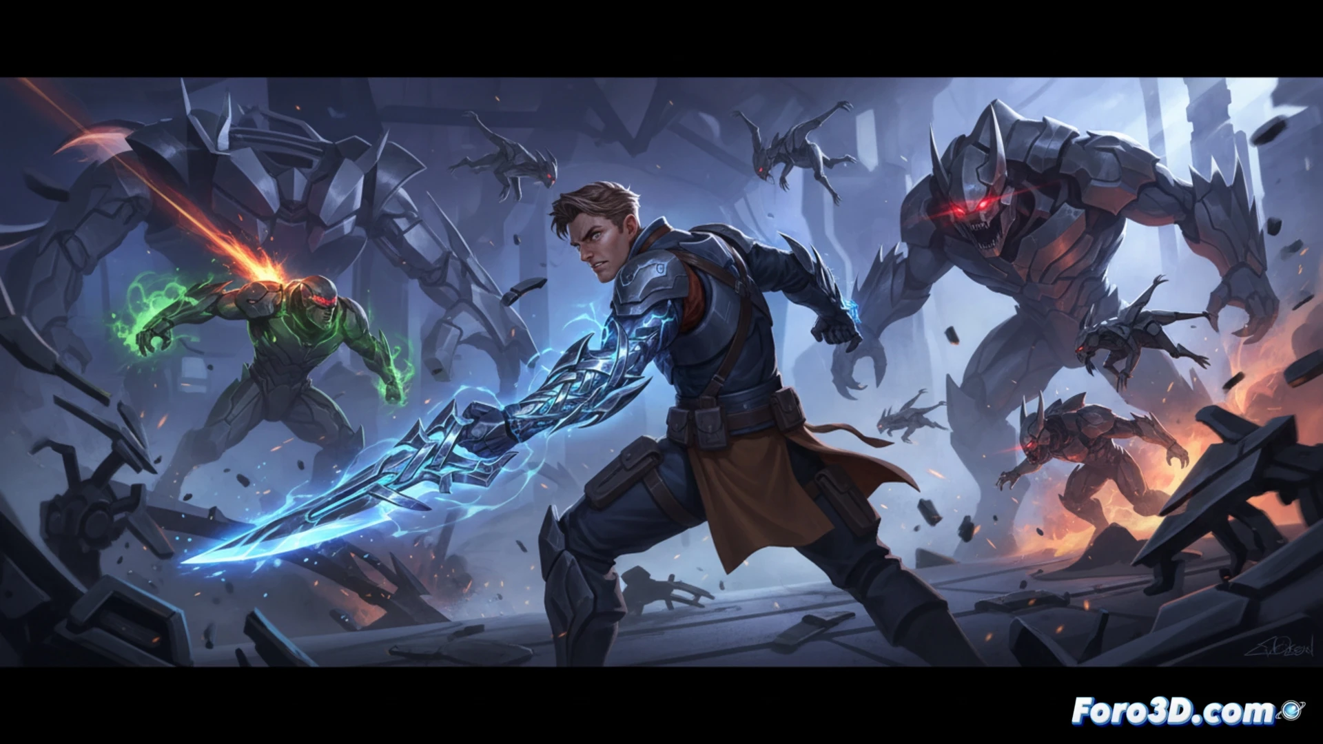 Un guerrero biomecánico en una nave espacial, transformando su brazo en un cañón de energía.