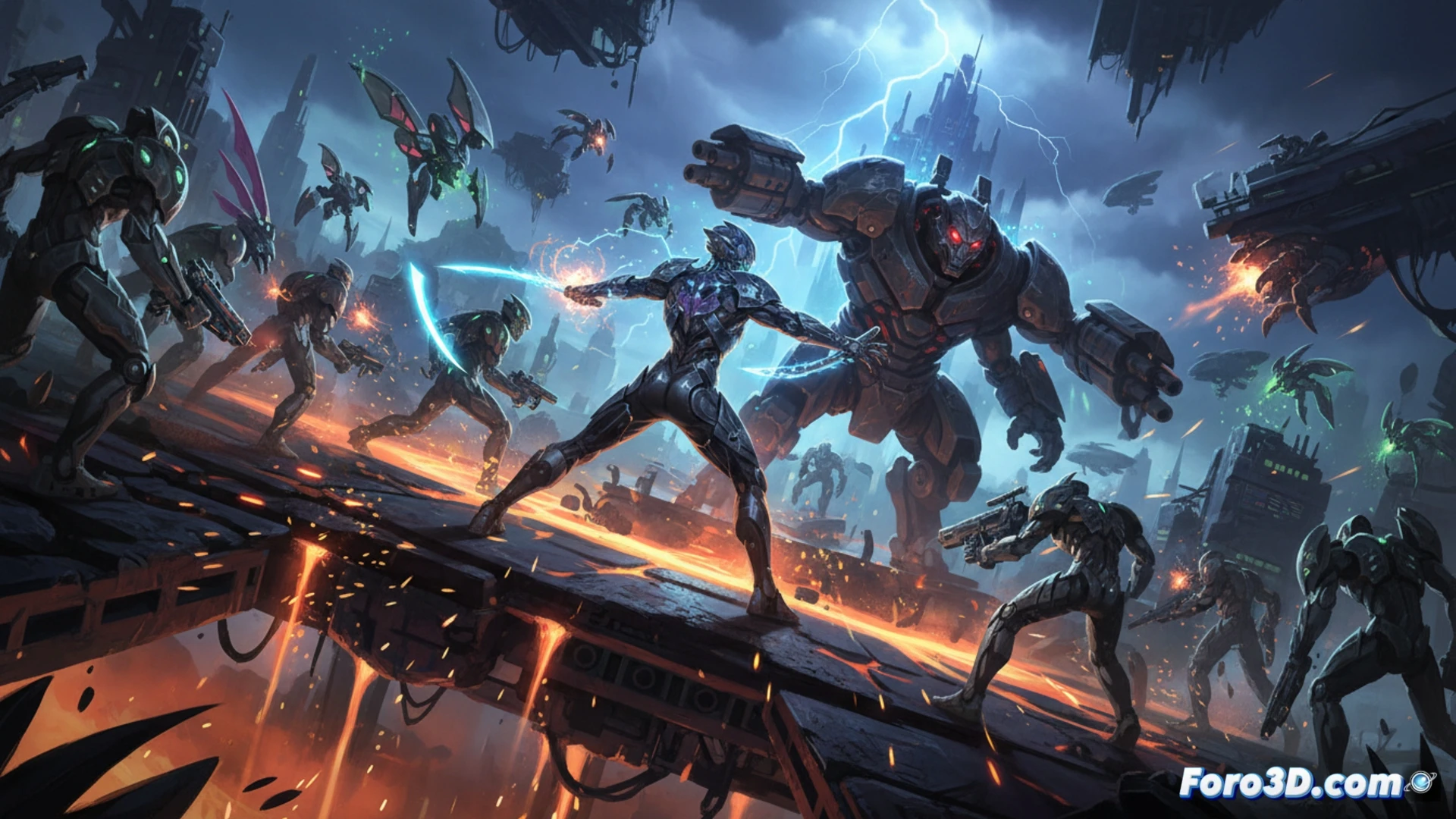 Un guerrero robótico combate hordas de enemigos en un escenario industrial futurista, cambiando de arma en plena acción. (120 caracteres)