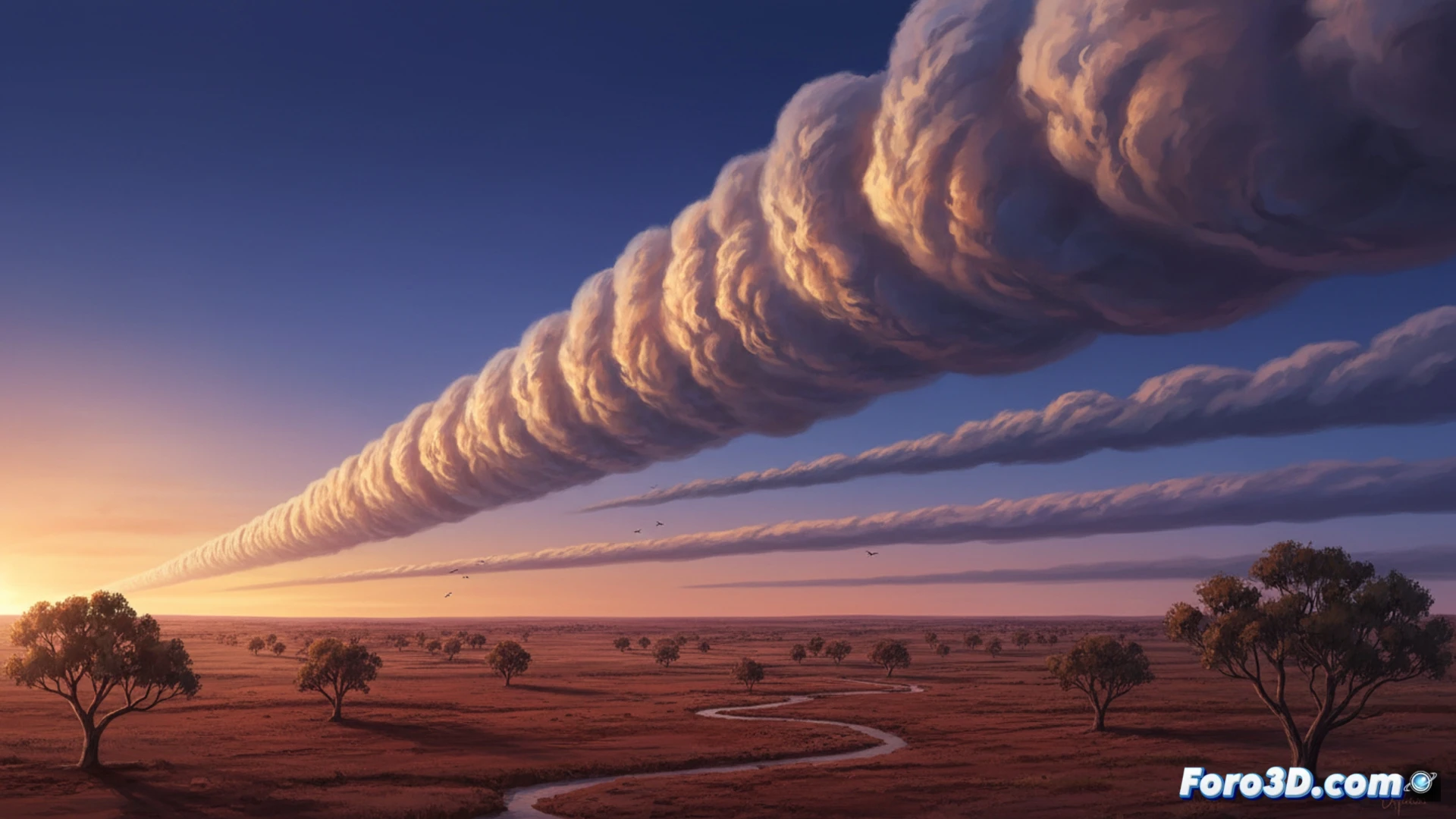 Modelo 3D volumétrico de una nube rodillo Morning Glory sobre un paisaje costero al amanecer.