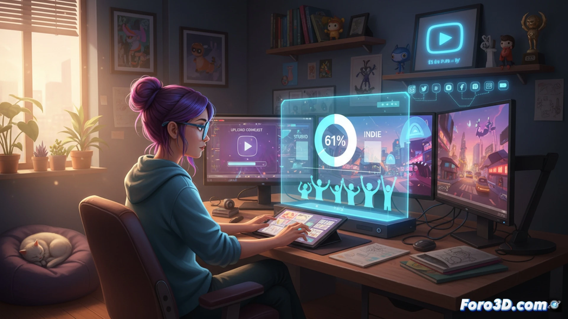 Animador indie trabajando en una escena 3D dentro de un motor de juego moderno, con herramientas de animación a la vista.