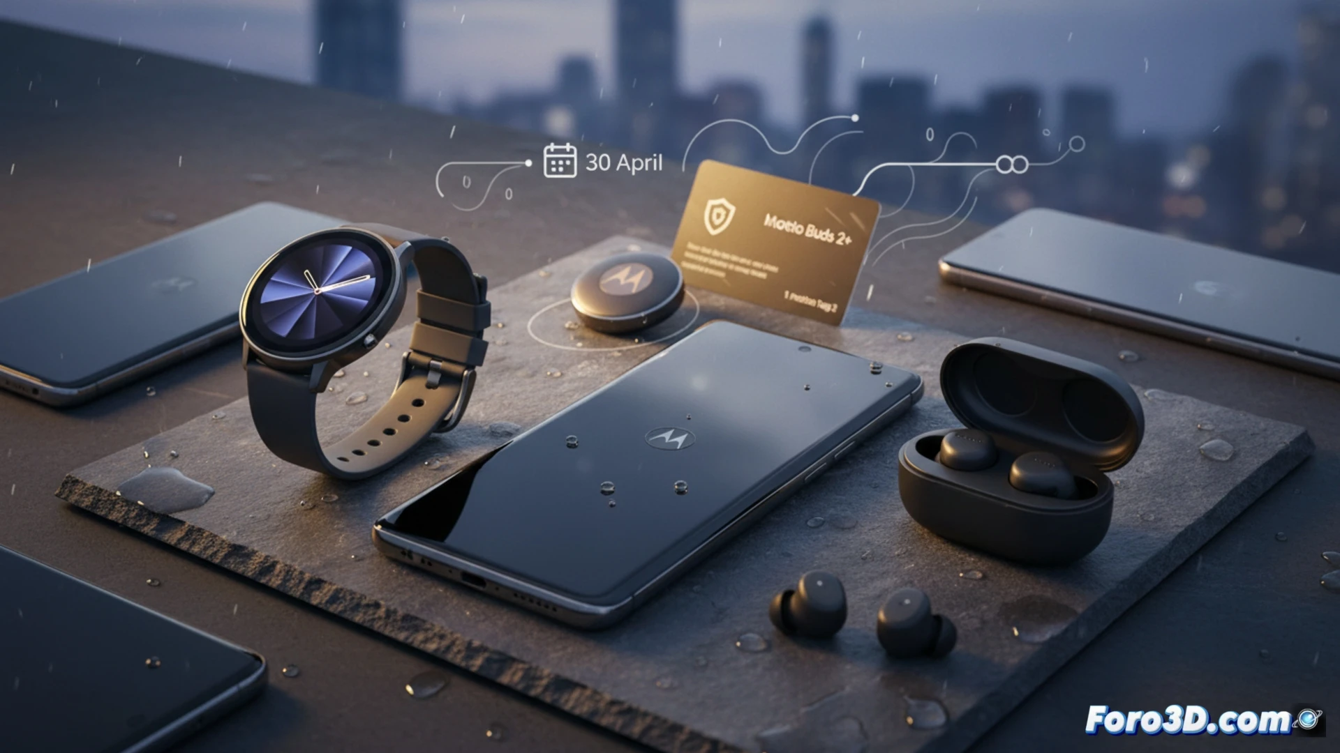 Imagen del ecosistema Motorola: teléfono Signature, reloj Watch, auriculares Buds 2+ y localizador Tag 2, todos juntos en una caja de regalo.