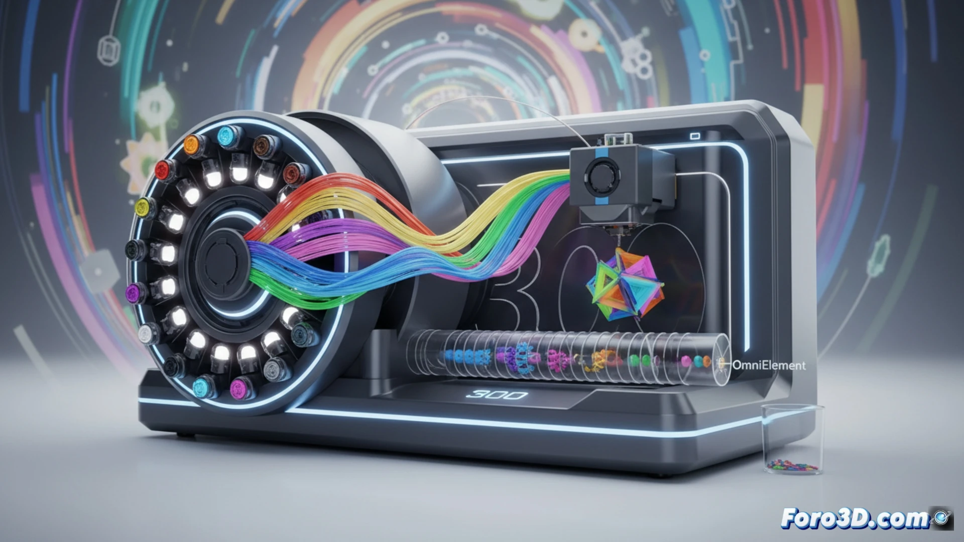 Imagen futurista de la MOVA AtomForm Palette 300 con 12 boquillas brillantes, sin residuos plásticos, sobre fondo limpio y tecnológico.