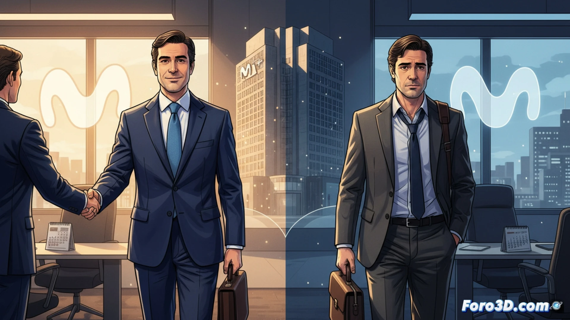 Un ejecutivo con traje oscuro entrega un mando de TV a otro, simbolizando el cambio de liderazgo en MovistarPlus.