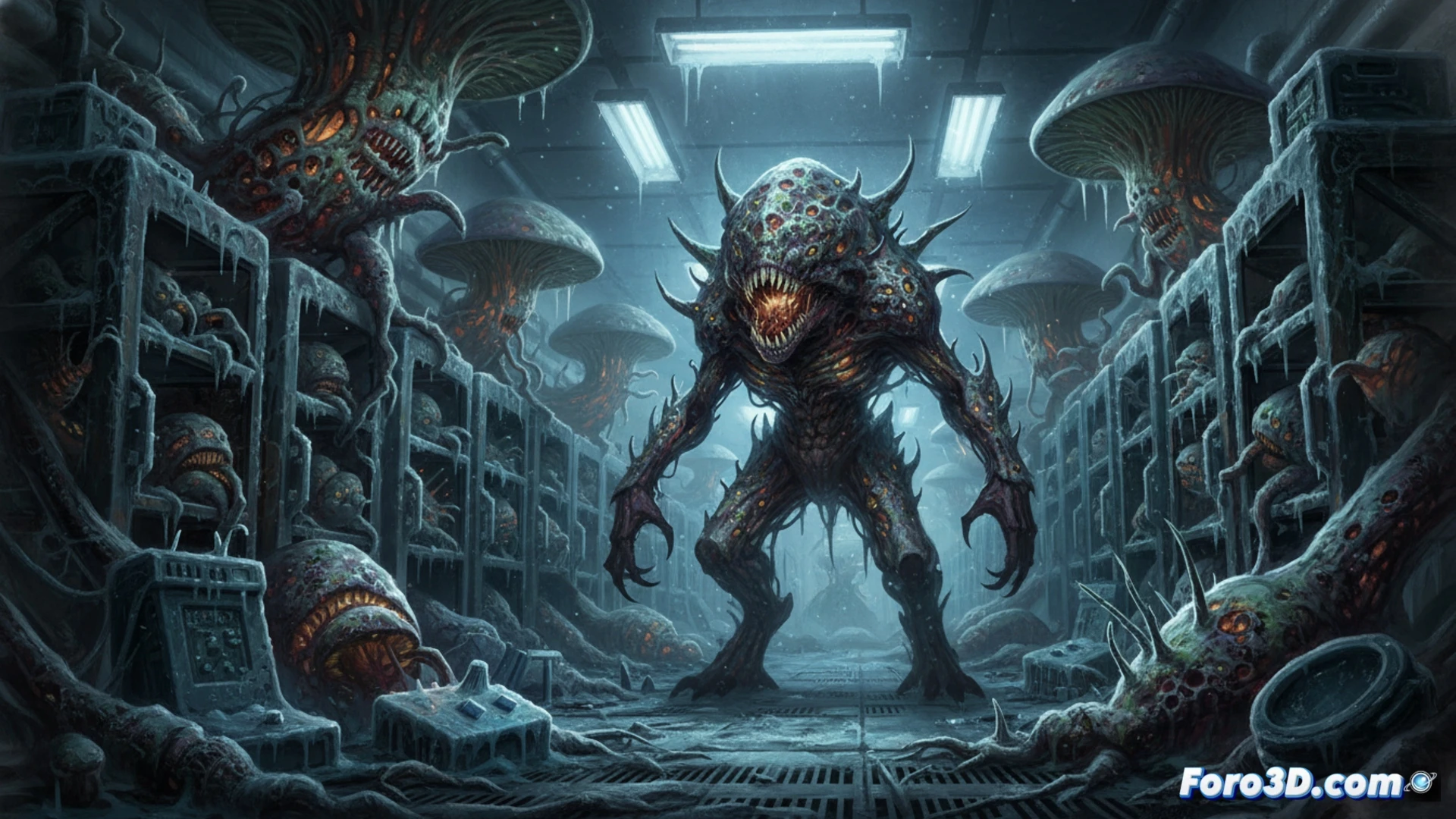 Una bóveda subterránea iluminada en rojo, con esporas fúngicas verdes flotando y un hongo mutante emergiendo entre grietas metálicas, mientras técnicos huyen entre escombros.