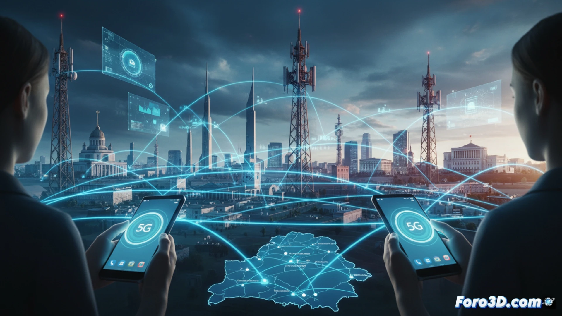 Un mapa de Bielorrusia con destellos de red 5G sobre Minsk, Brest y Gomel, destacando el lanzamiento del operador ruso MTS.