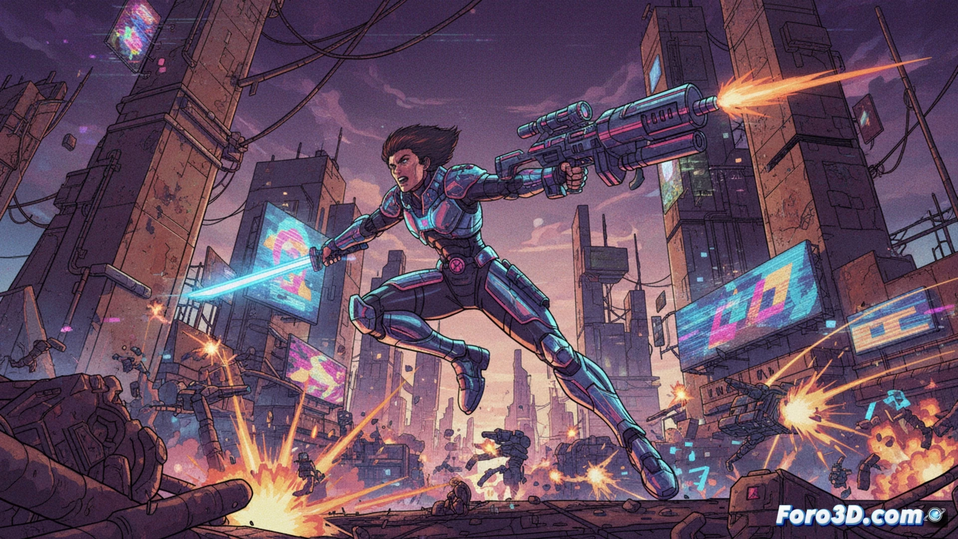 Un cyborg con mullet y chaqueta roja dispara en un callejón cyberpunk con distorsión VHS y neones.