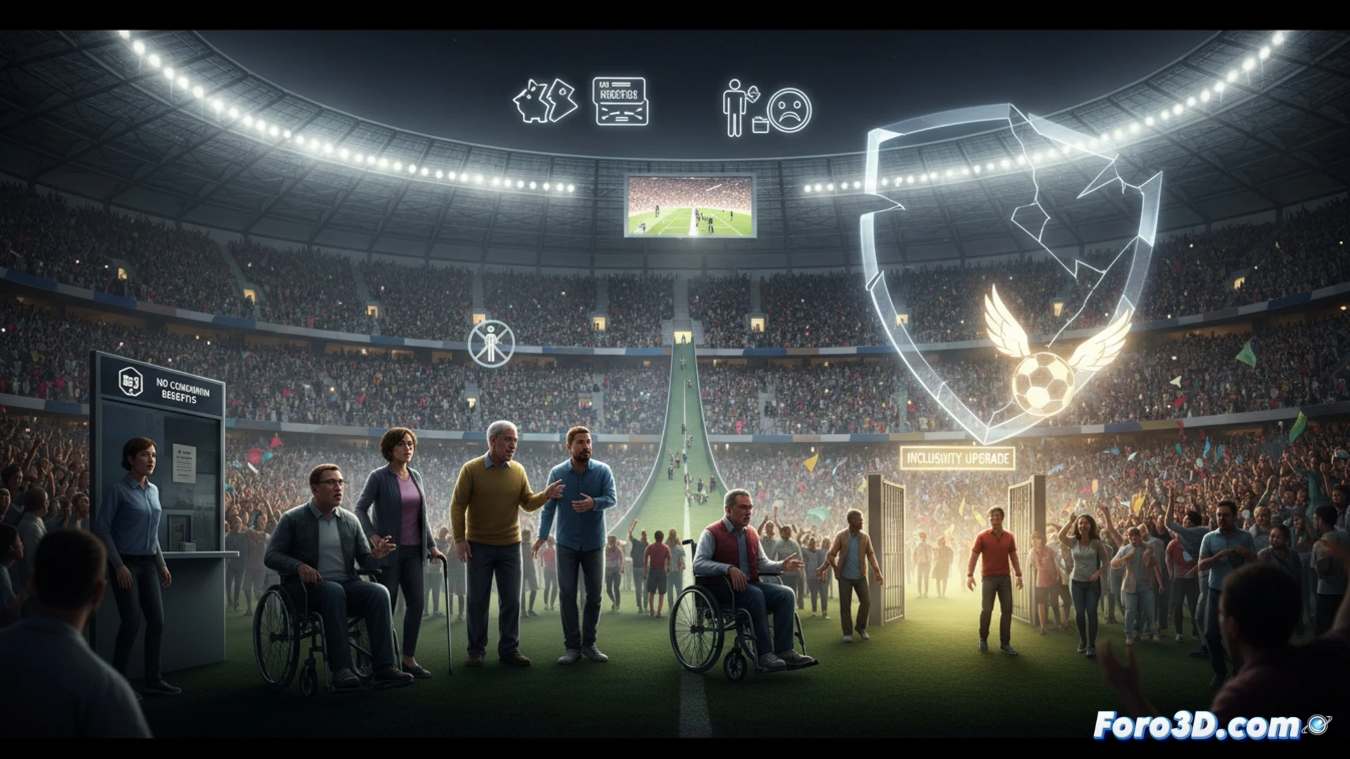 Una persona en silla de ruedas frente a un estadio, con un cartel de precios altos y una puerta de acceso estrecha.