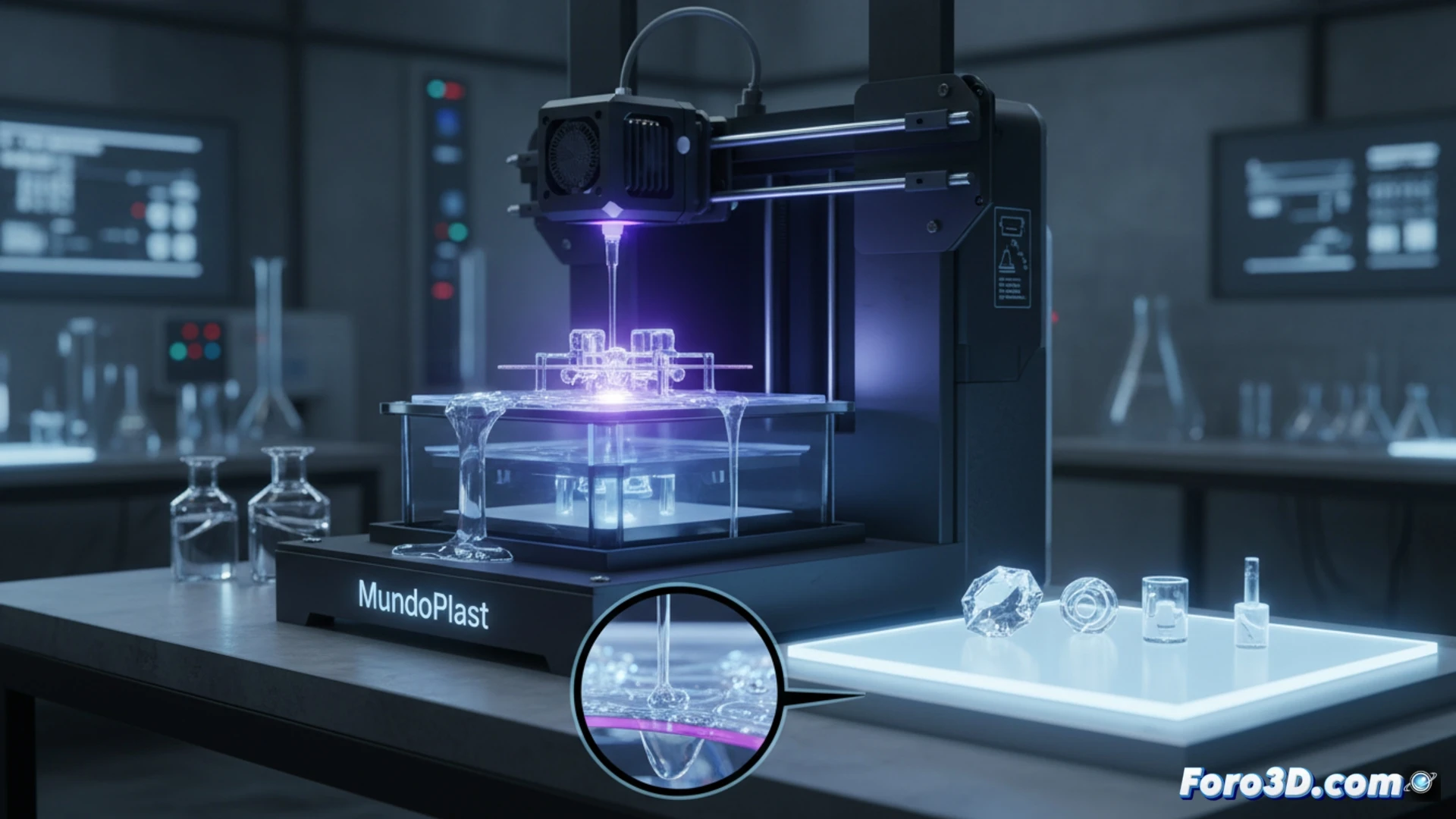 Una resina transparente en un frasco, junto a piezas 3D miniaturizadas con detalles extremos sobre una superficie de laboratorio.