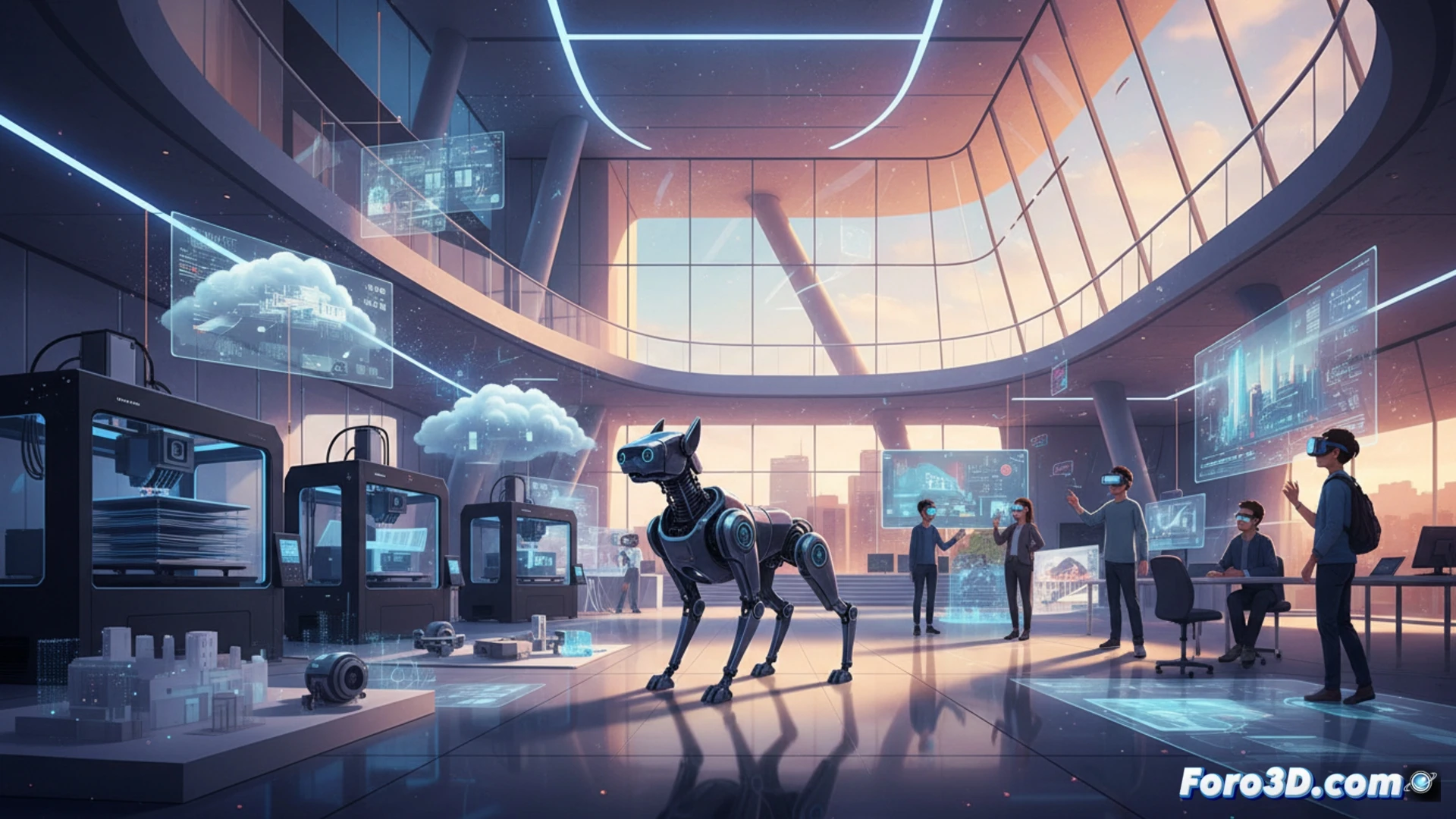 Un perro robot negro vigila un espacio futurista con impresoras 3D y gafas de realidad virtual en Murcia.