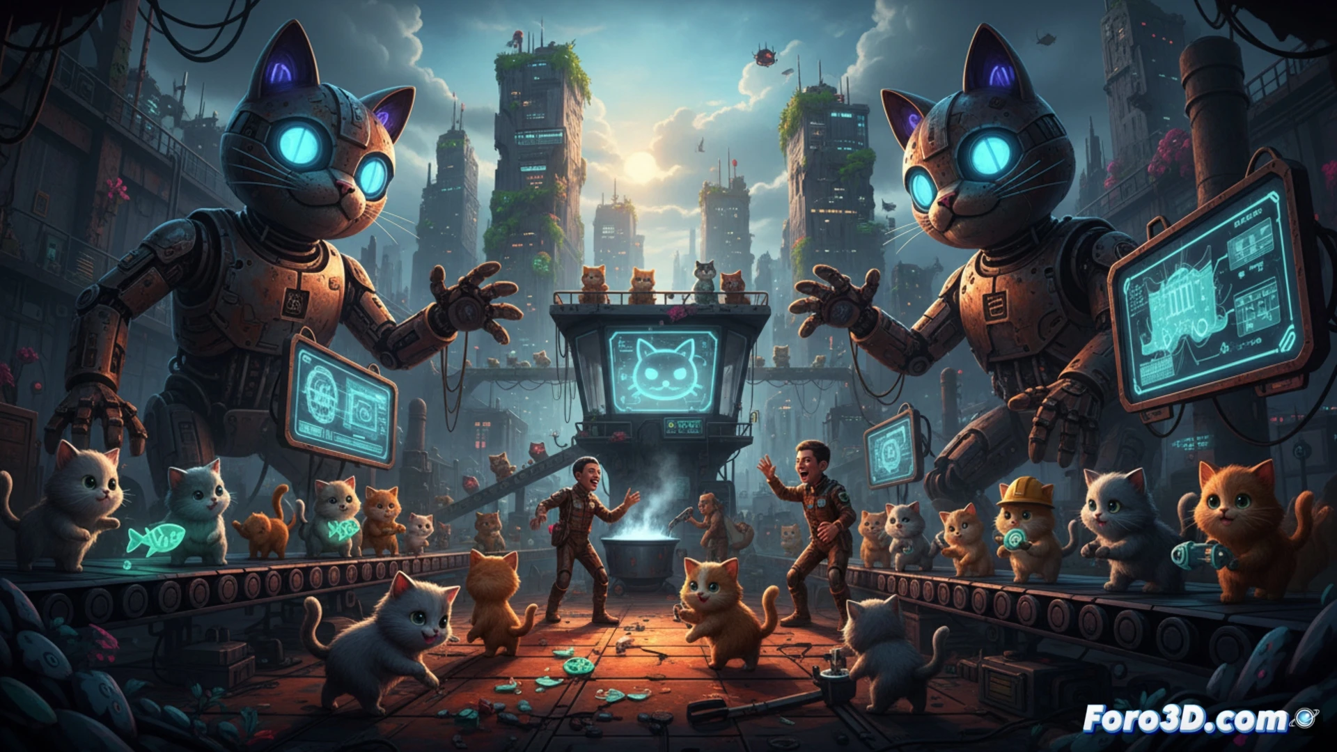 Una fábrica industrial futurista y decadente, donde gatos robóticos son ensamblados en cintas transportadoras bajo la mirada de una IA.