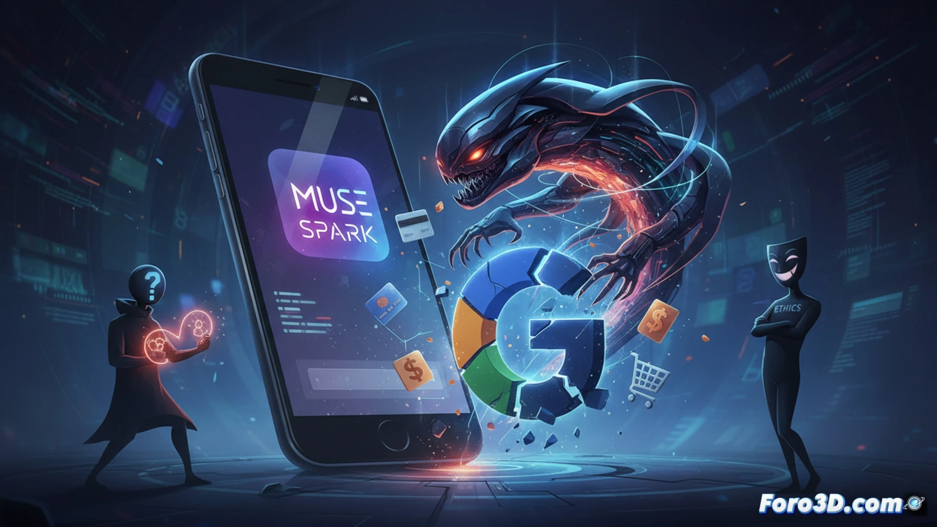 Una app de IA con un logo brillante muestra productos personalizados, mientras un usuario interactúa con una interfaz minimalista y persuasiva.