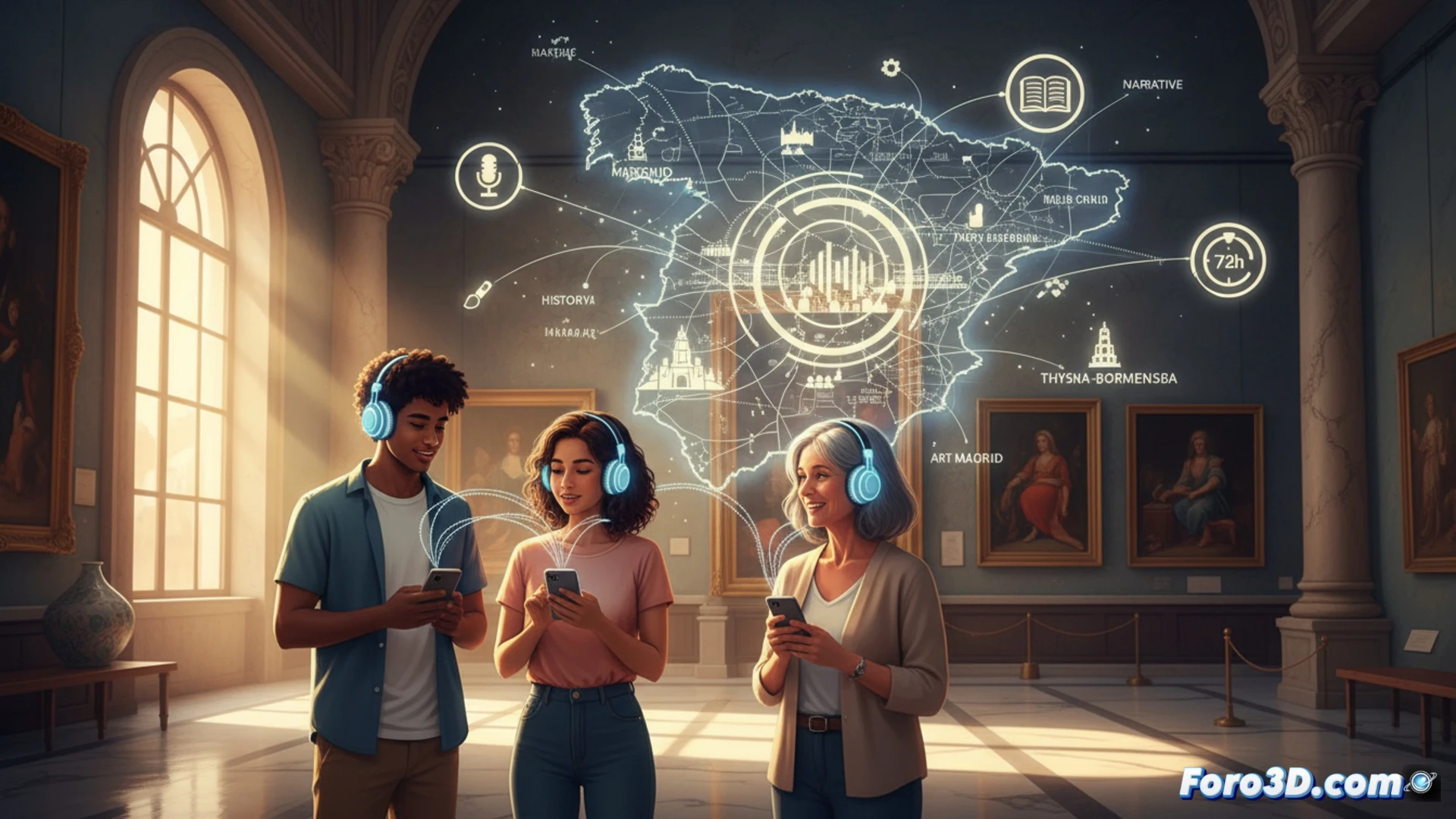 Una mujer escucha una audioguía en su móvil frente a una pintura clásica en un museo luminoso.