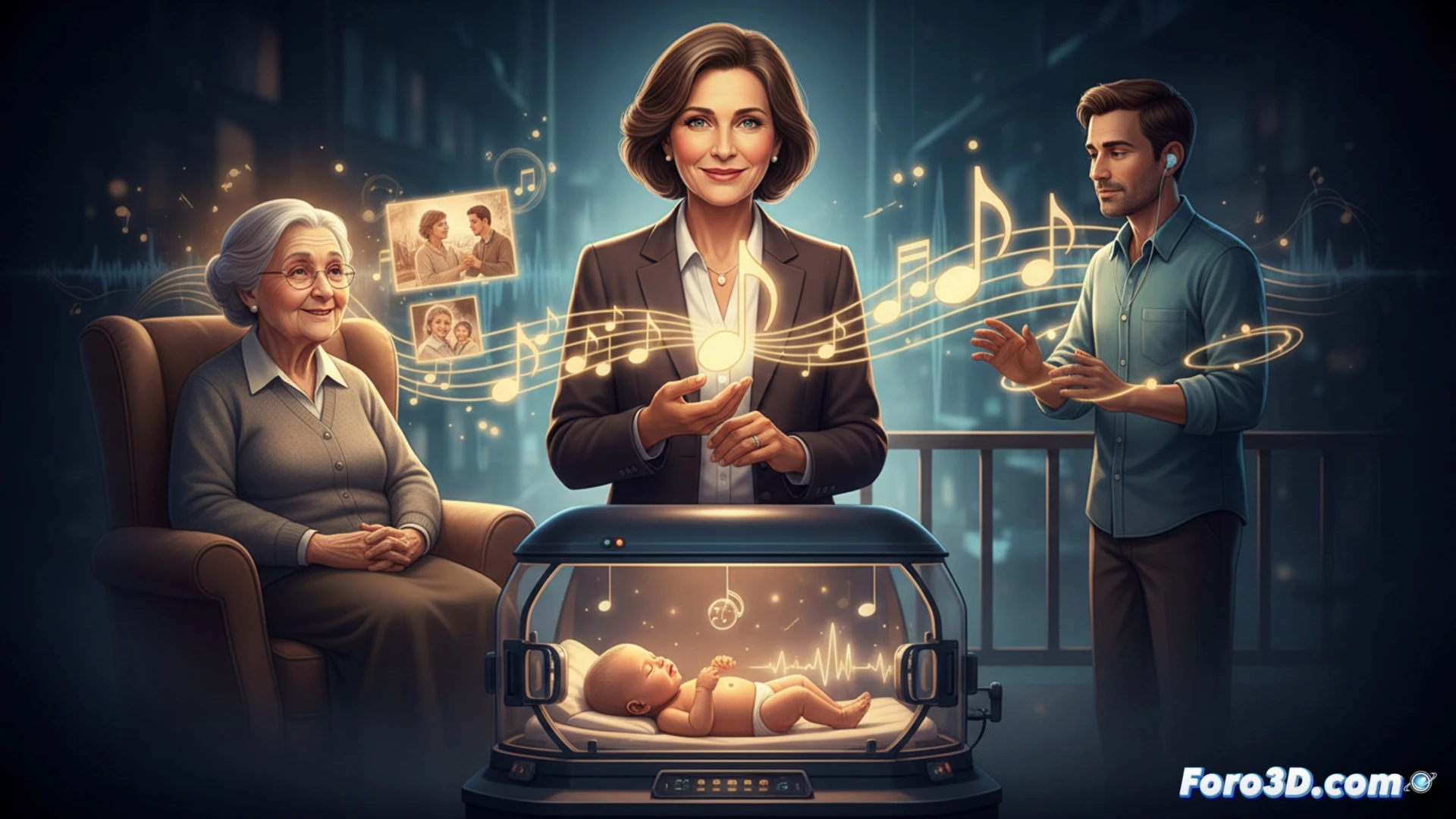 Una neurona y un pentagrama fusionados, con notas musicales fluyendo hacia un cerebro humano en tonos azules y naranjas suaves.