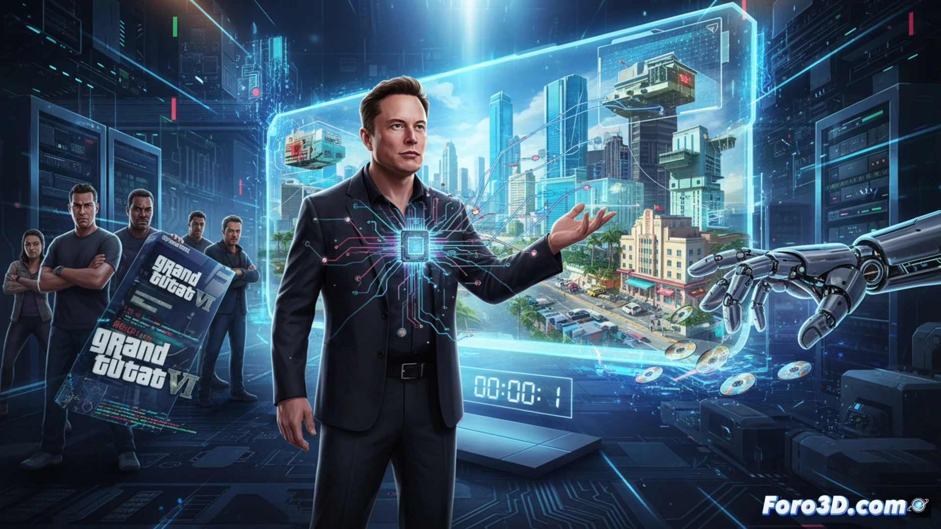 Ilustración de una IA generando un mundo abierto de videojuego en segundos, con un logo de GTA VI.