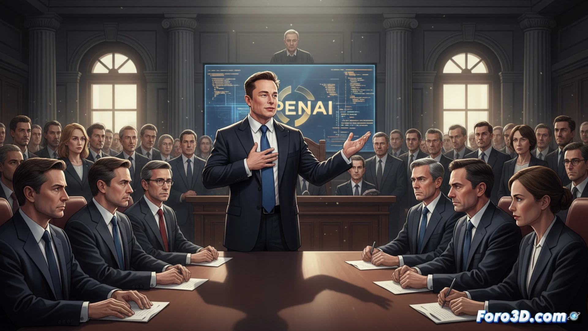 Una sala de tribunal iluminada; Musk señala a Altman con gesto severo. Al fondo, un robot de IA roto yace entre dos caminos: uno hacia un bosque verde, otro hacia torres de dinero.