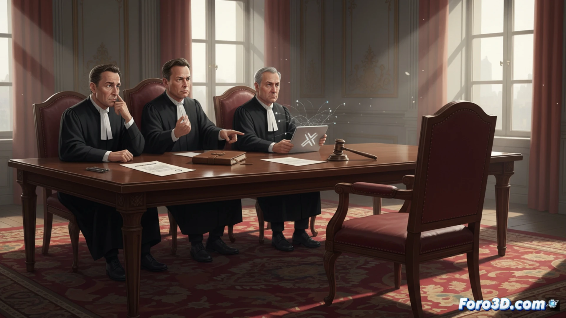 Ilustración de Elon Musk ausente en una citación judicial francesa, con el logo de X y símbolos legales de fondo.