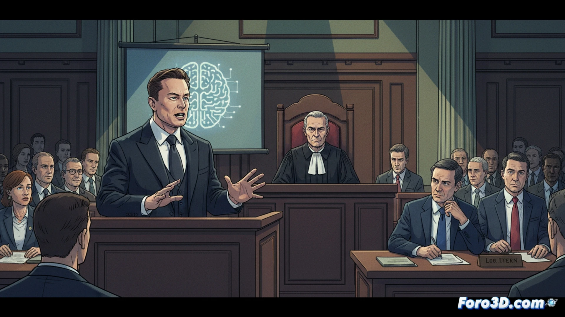 Elon Musk testifica en una sala de tribunal, señalando a Sam Altman; al fondo, logos de Twitter y xAI brillan como símbolos de su lucha por la humanidad.