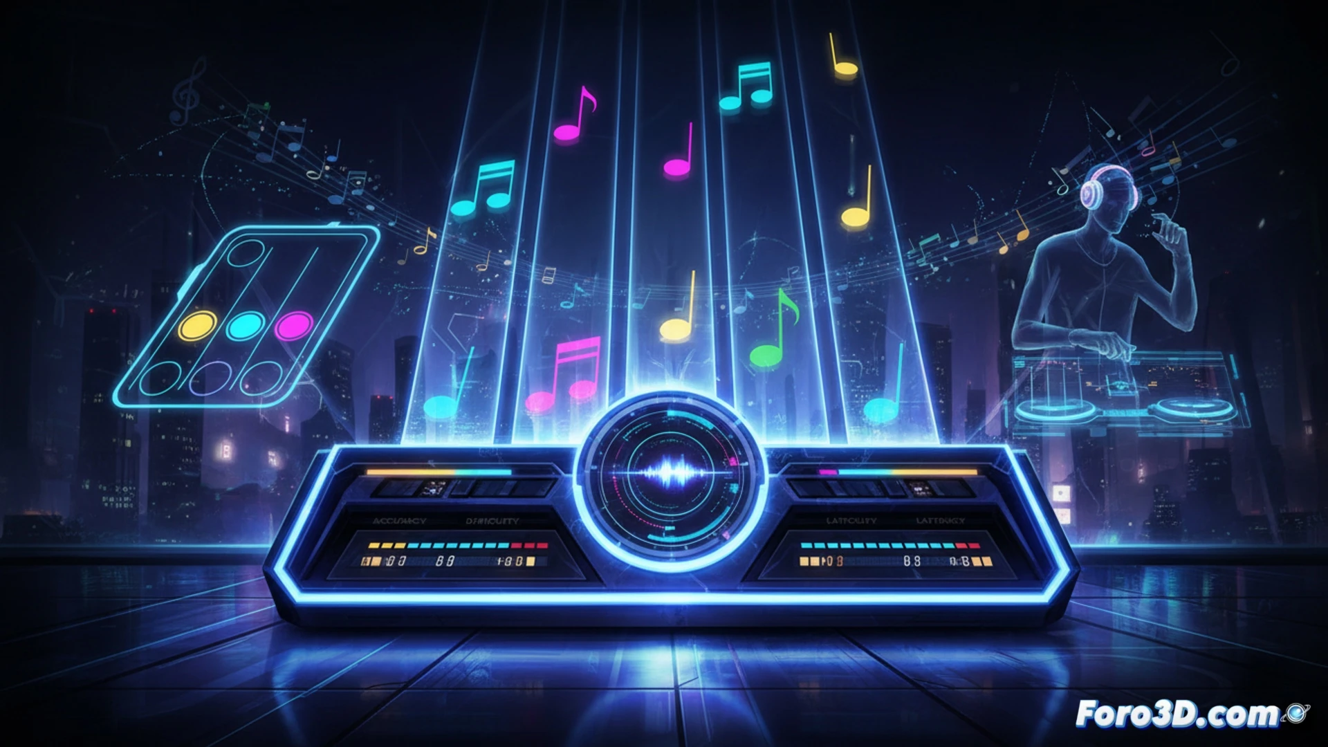 Vibrante pantalla de juego de ritmo con notas descendentes multicolor sobre carriles, y lista de 35 canciones con promesa de más contenido gratuito.