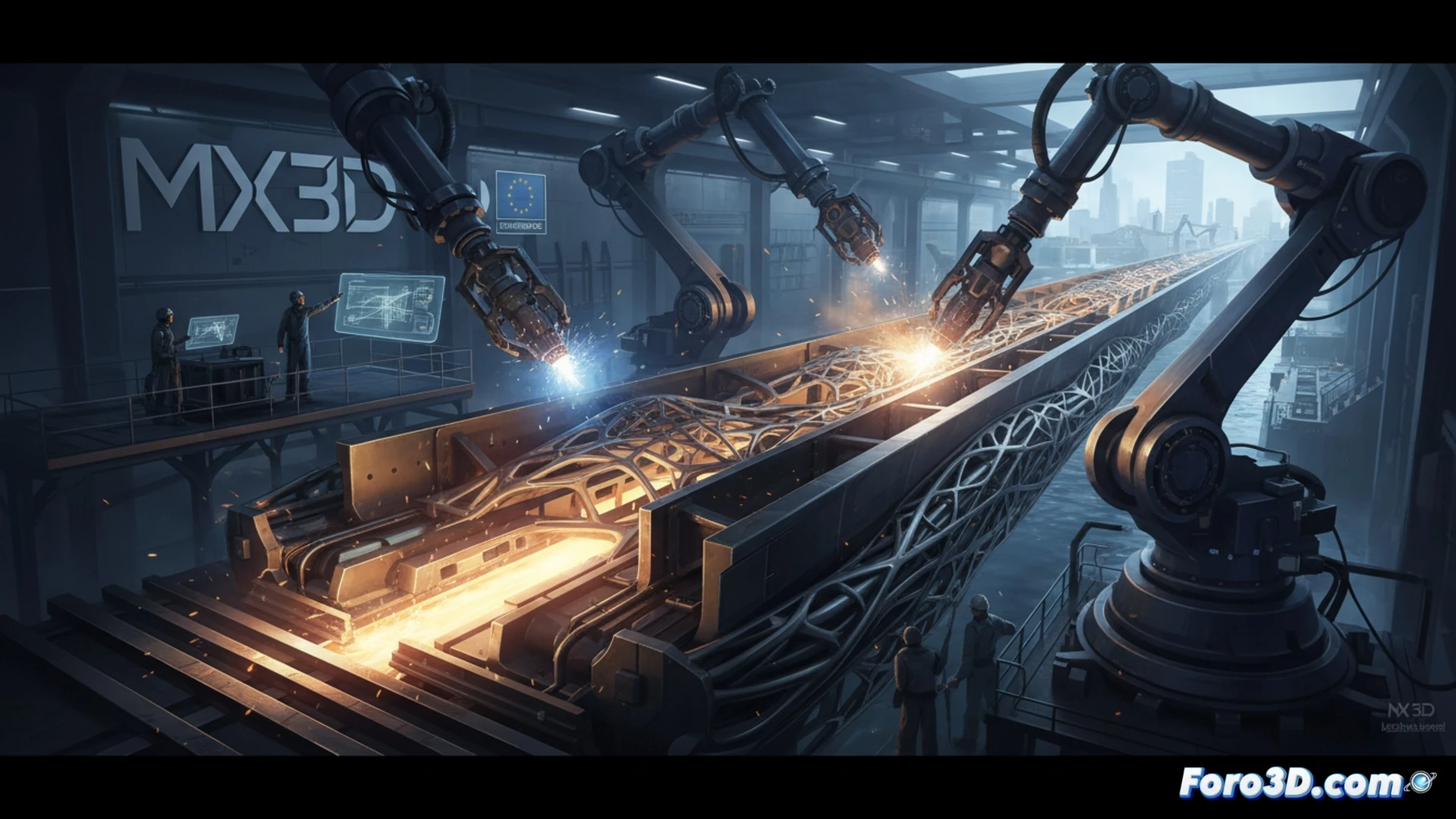 Una grúa industrial coloca una viga de acero híbrida, impresa con WAAM, sobre una estructura de puente. Al fondo, brazos robóticos soldan capa por capa, mientras ingenieros supervisan pantallas con datos de carga.