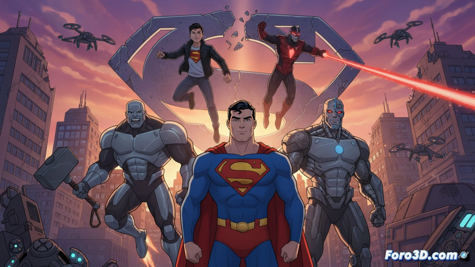 Superman vuela sobre Metrópolis junto a cuatro clones con sus símbolos, bajo un cielo tormentoso que anuncia la saga Reinado de los Superhombres.