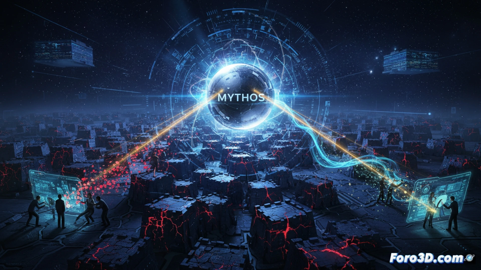 Un robot de IA con ojos brillantes sostiene un gigantesco mapa digital lleno de puntos rojos de vulnerabilidades, mientras humanos desbordados intentan filtrar el aluvión de alertas.