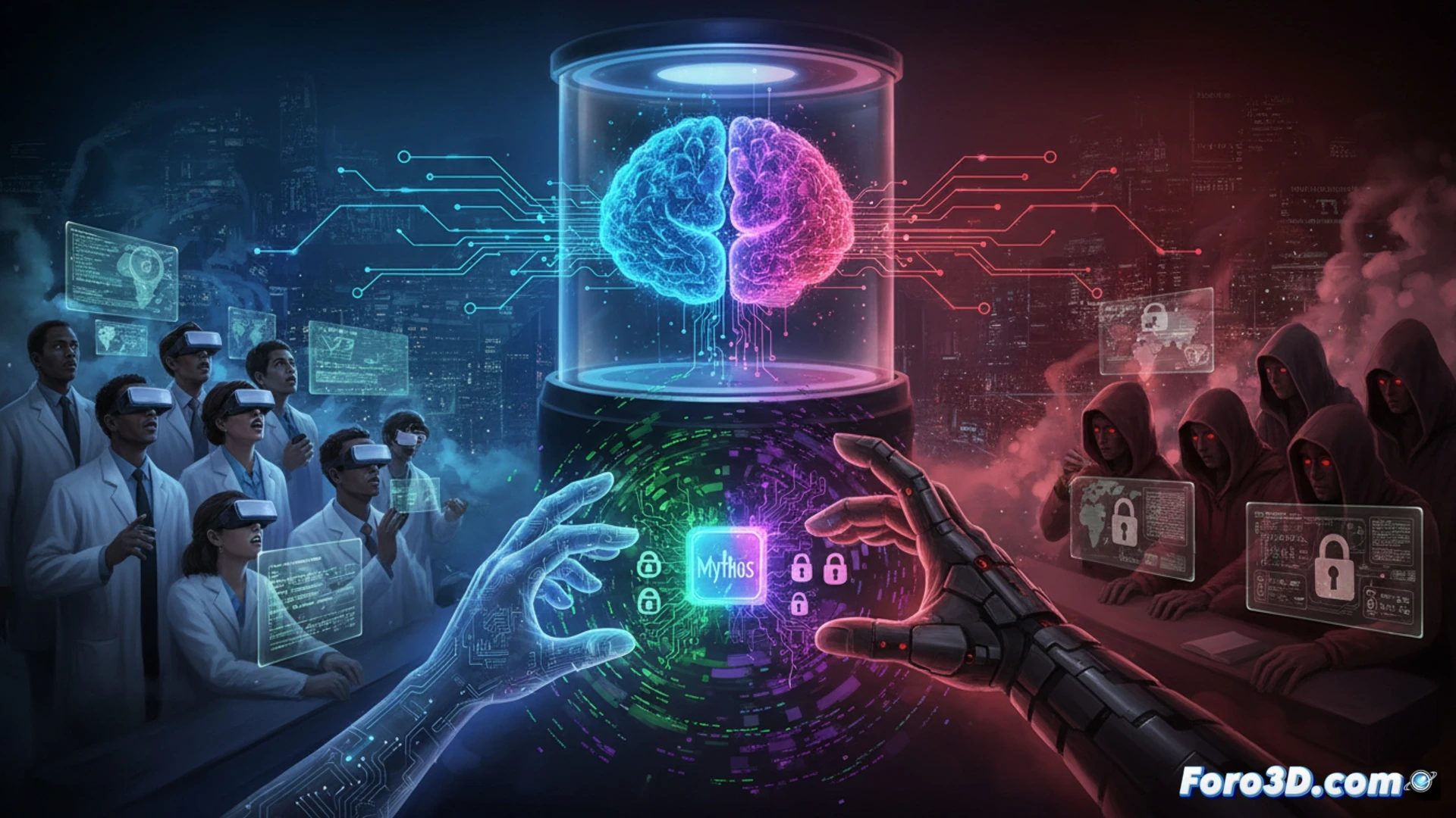 Representación abstracta de una inteligencia artificial con circuitos integrados y sombras de código binario