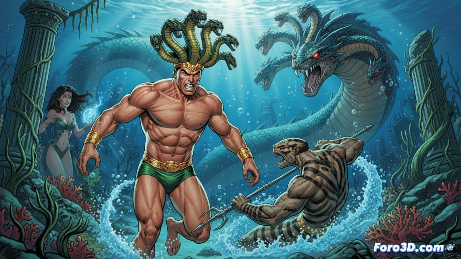 Ilustración de cómic clásico: Namor, enfurecido, se enfrenta a guerreros submarinos cerca de la Corona Serpiente.