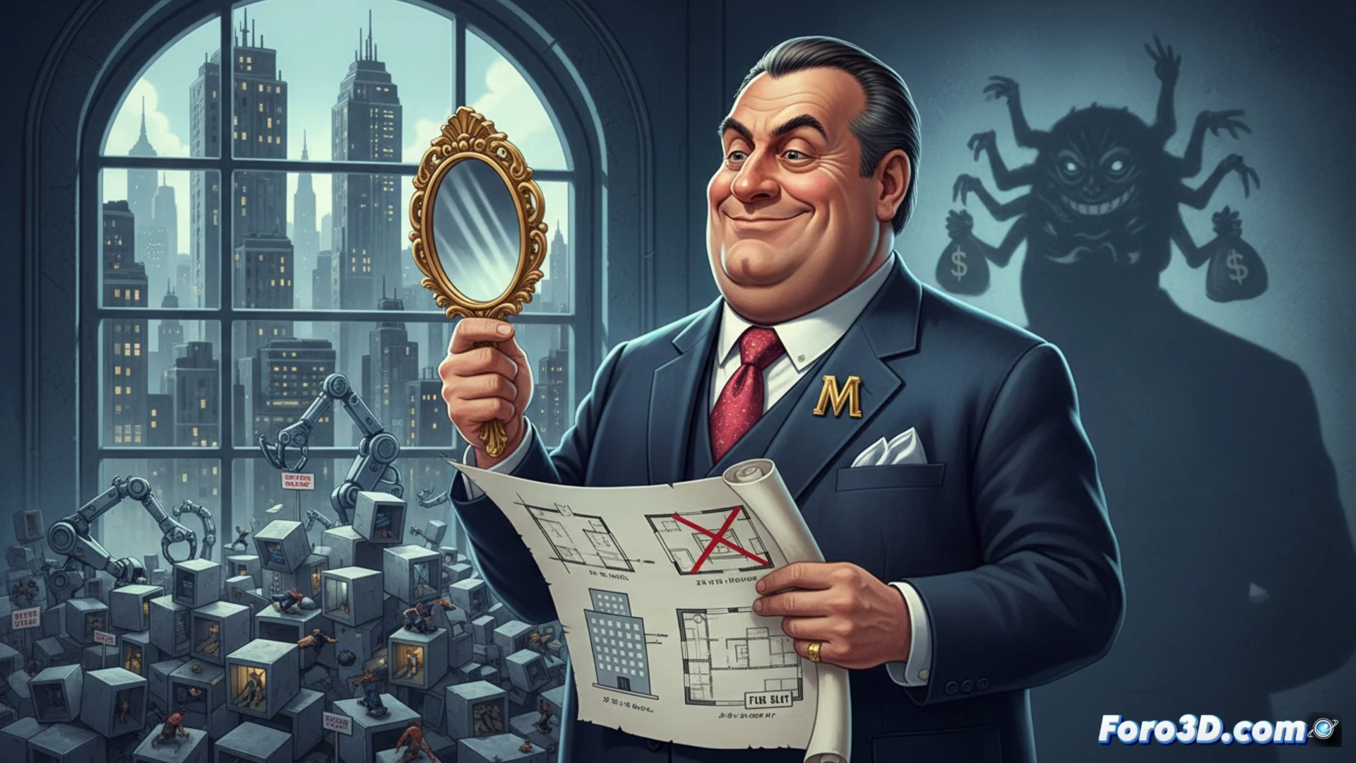 Un político posa arrogante frente a un póster de sí mismo, mientras a su espalda se ve un diminuto y lúgubre zulo de 10 m².