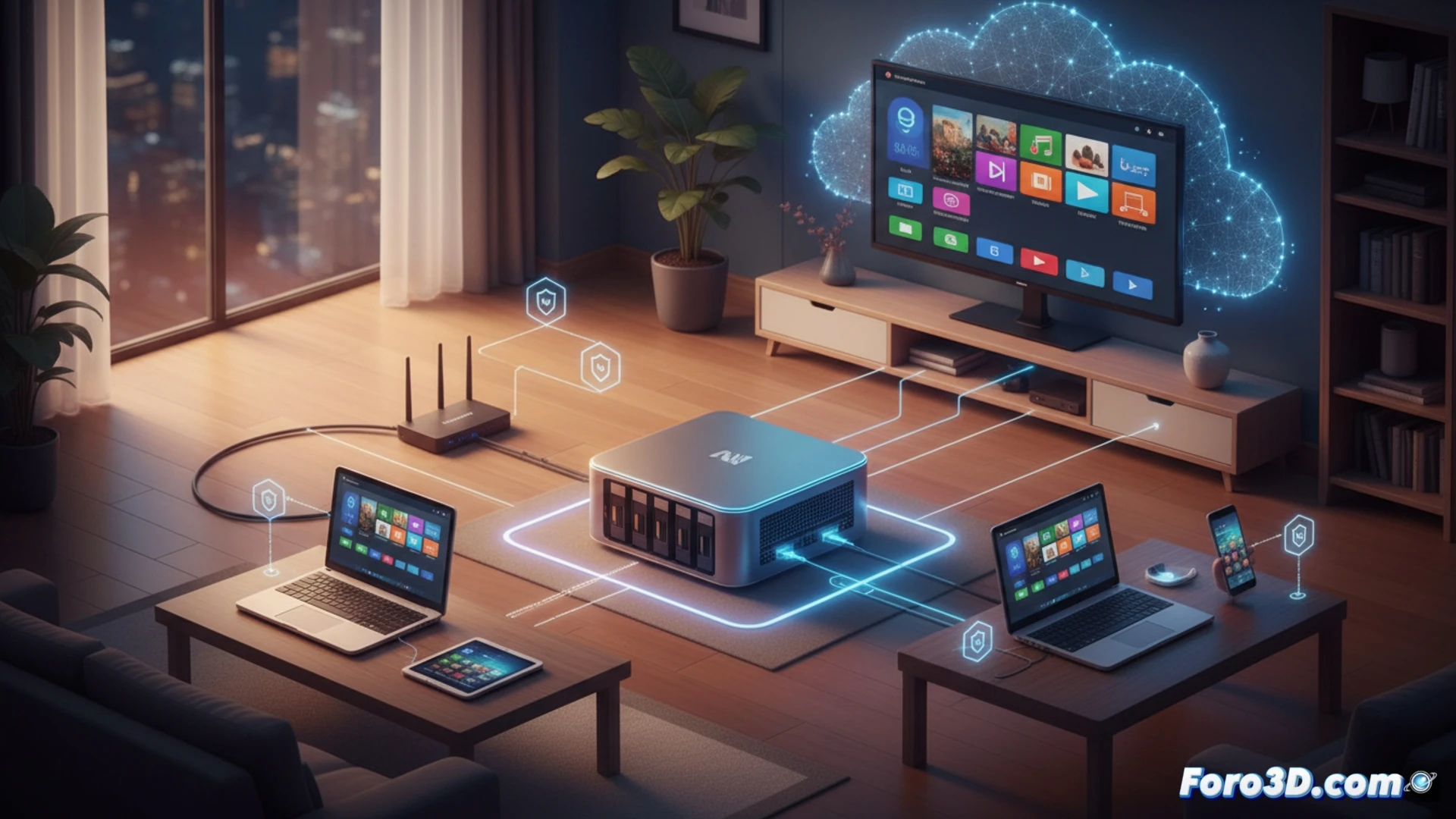 Un dispositivo NAS compacto en una estantería doméstica, con luces LED indicadoras y cables de red conectados.