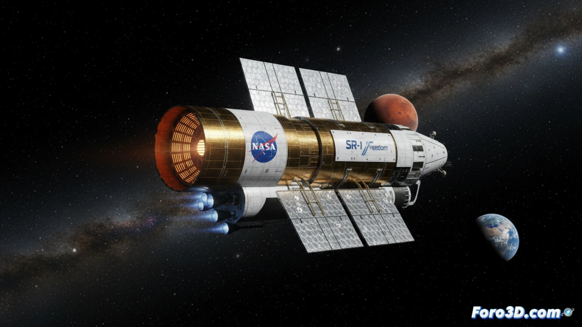 Nave espacial de NASA con reactor nuclear SR-1 Freedom viaja a Marte en 2028, propulsión eléctrica.