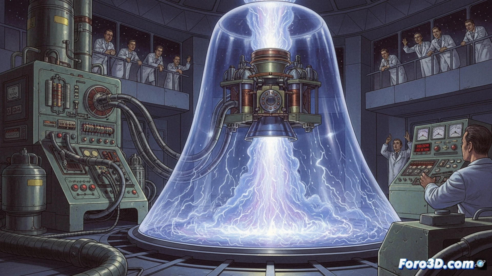 Una cámara de vacío industrial ilumina un motor de plasma azul brillante con vapor de litio, mientras ingenieros observan tras un cristal blindado.