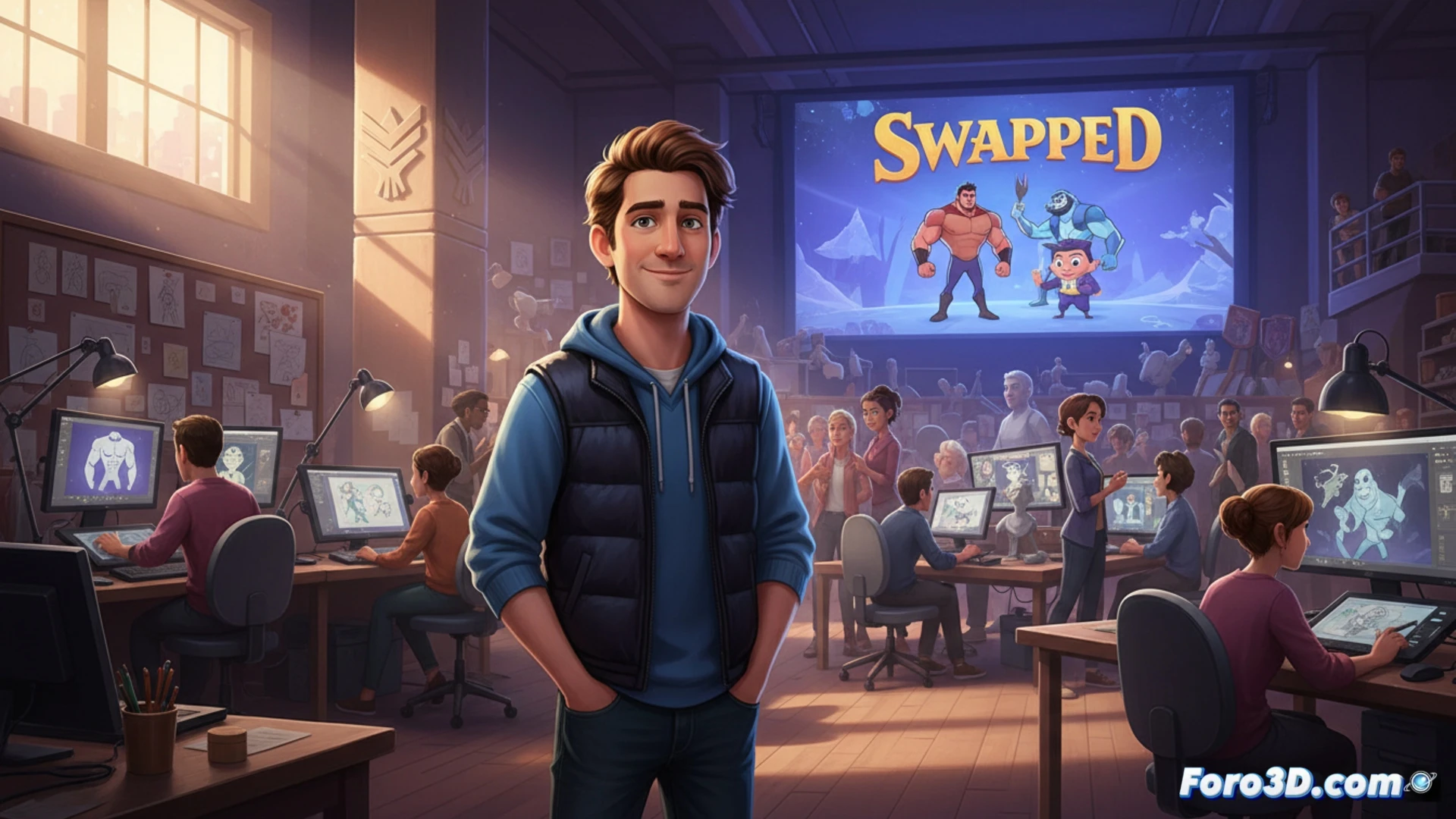 Nathan Greno sonríe ante un storyboard de Swapped, con logos de Skydance y Netflix al fondo.