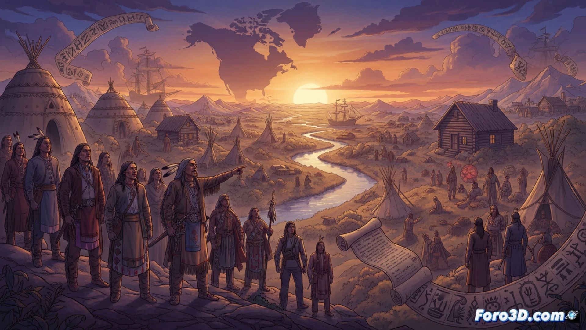 Un mapa de Norteamérica tejido con símbolos indígenas, sobre él, siluetas de personas resistiendo frente a barcos coloniales que se desvanecen.