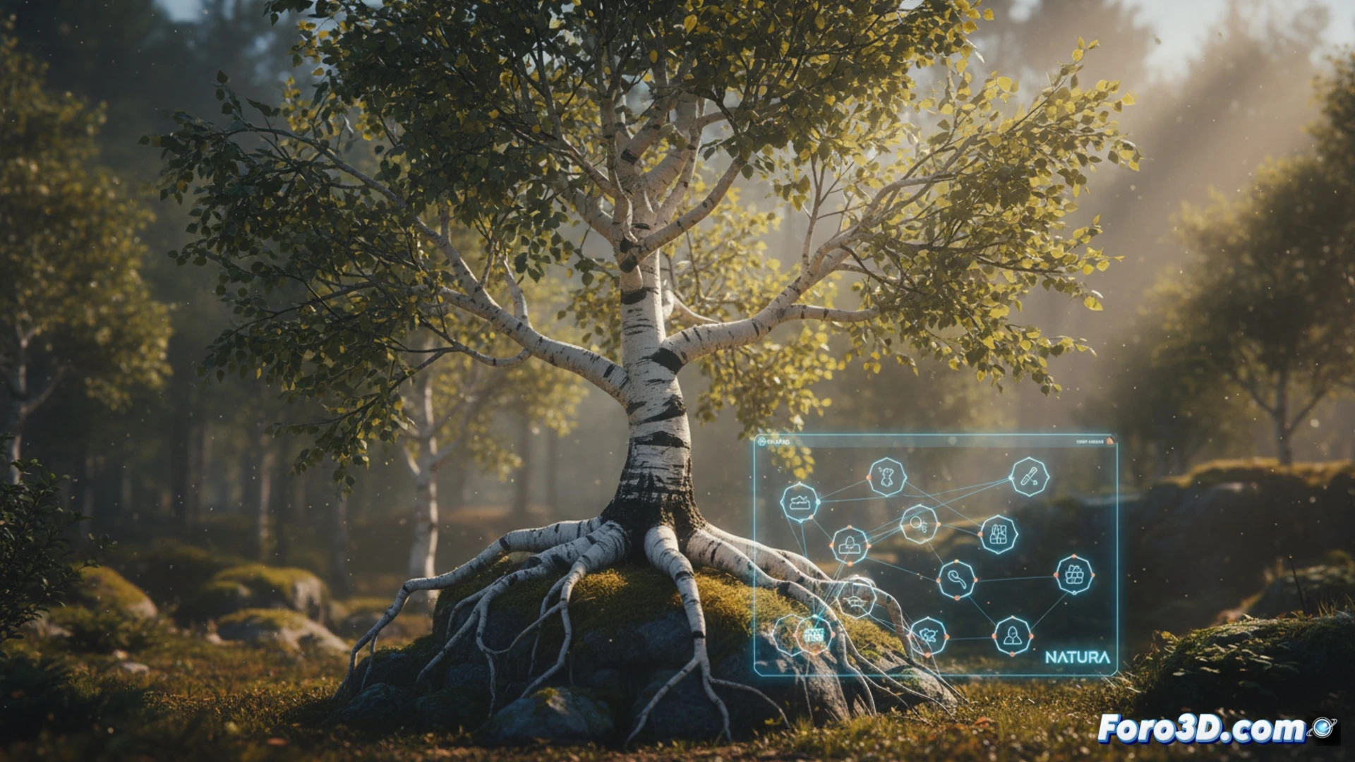 Una interfaz nodal de Houdini muestra un árbol 3D generado paramétricamente junto a paneles de control botánico.