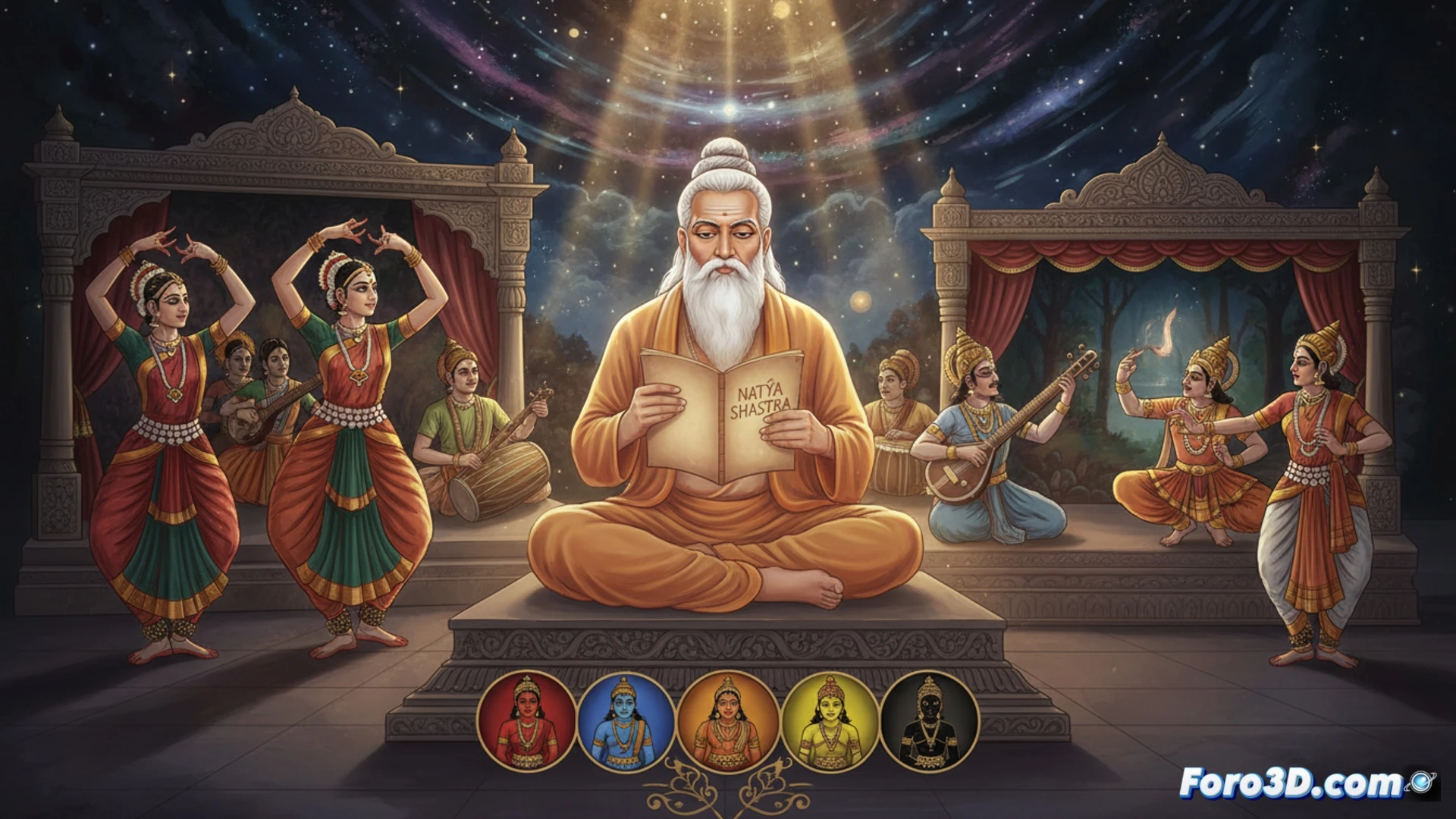 Antiguo manuscrito indio Natya Shastra junto a un moderno diseño escenografico 3D para una produccion teatral.