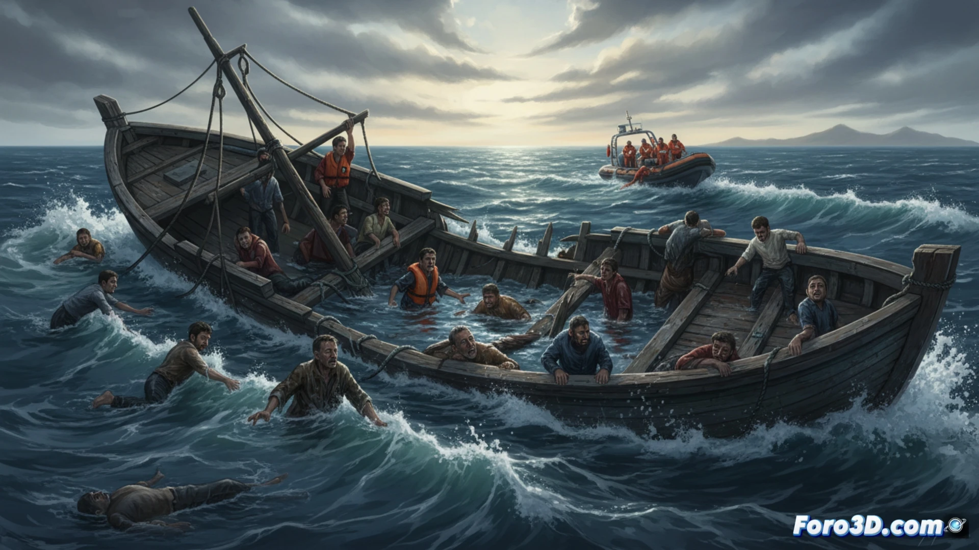 Bote de madera destrozado en mar agitado. Migrantes aferrados a restos mientras helicóptero de rescate italiano se aproxima entre olas altas.