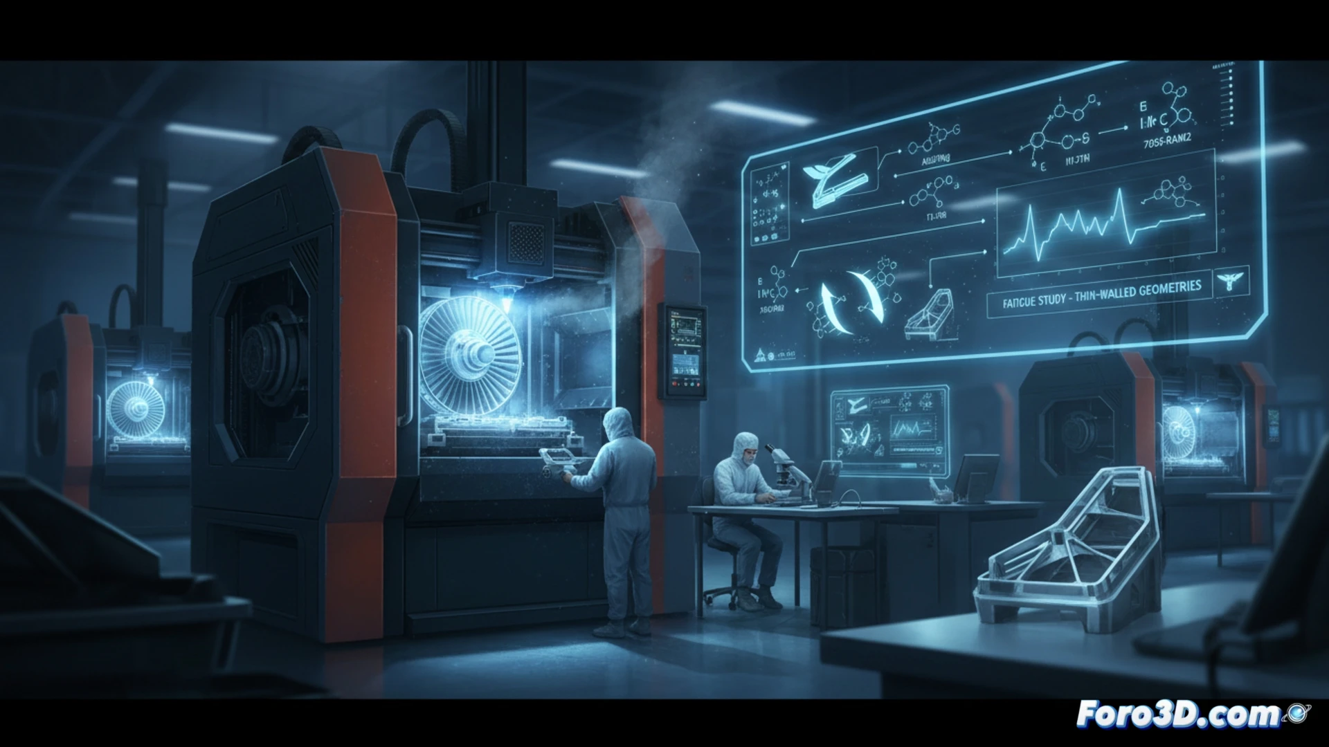 Una placa de metal con capas de impresión 3D, un avión militar y un sello de certificación, sobre un fondo de planos técnicos.