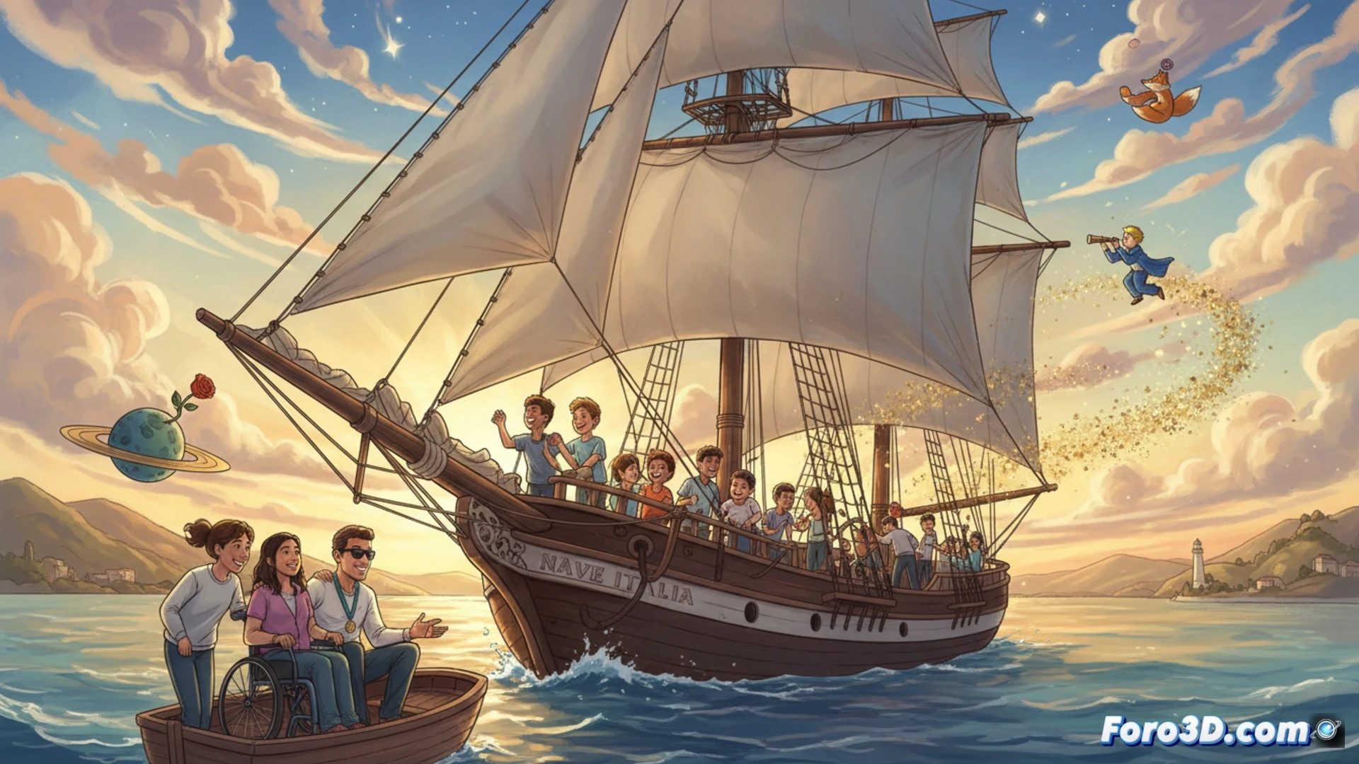 El velero Nave Italia navega con jóvenes, inspirado en 'El Principito', en un viaje educativo hacia el horizonte.