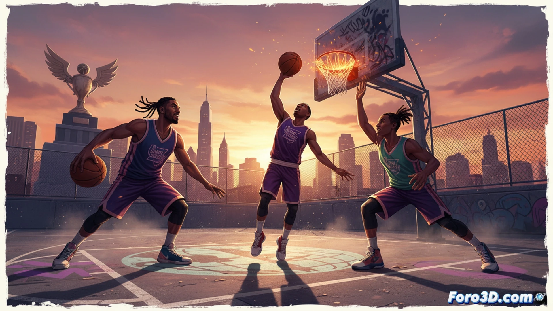 Una vibrante cancha de streetball al atardecer, con tres jugadores saltando para encestar, mientras el logo de NBA THE RUN y texto 'Beta PC en mayo' brillan en neón.
