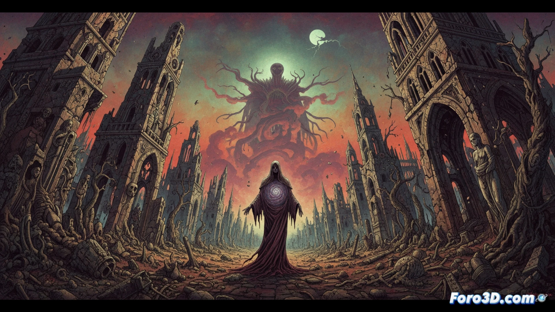 Un ser de conciencia explora un paisaje onírico y en descomposición, inspirado en el horror cósmico de las pinturas de Beksinski.