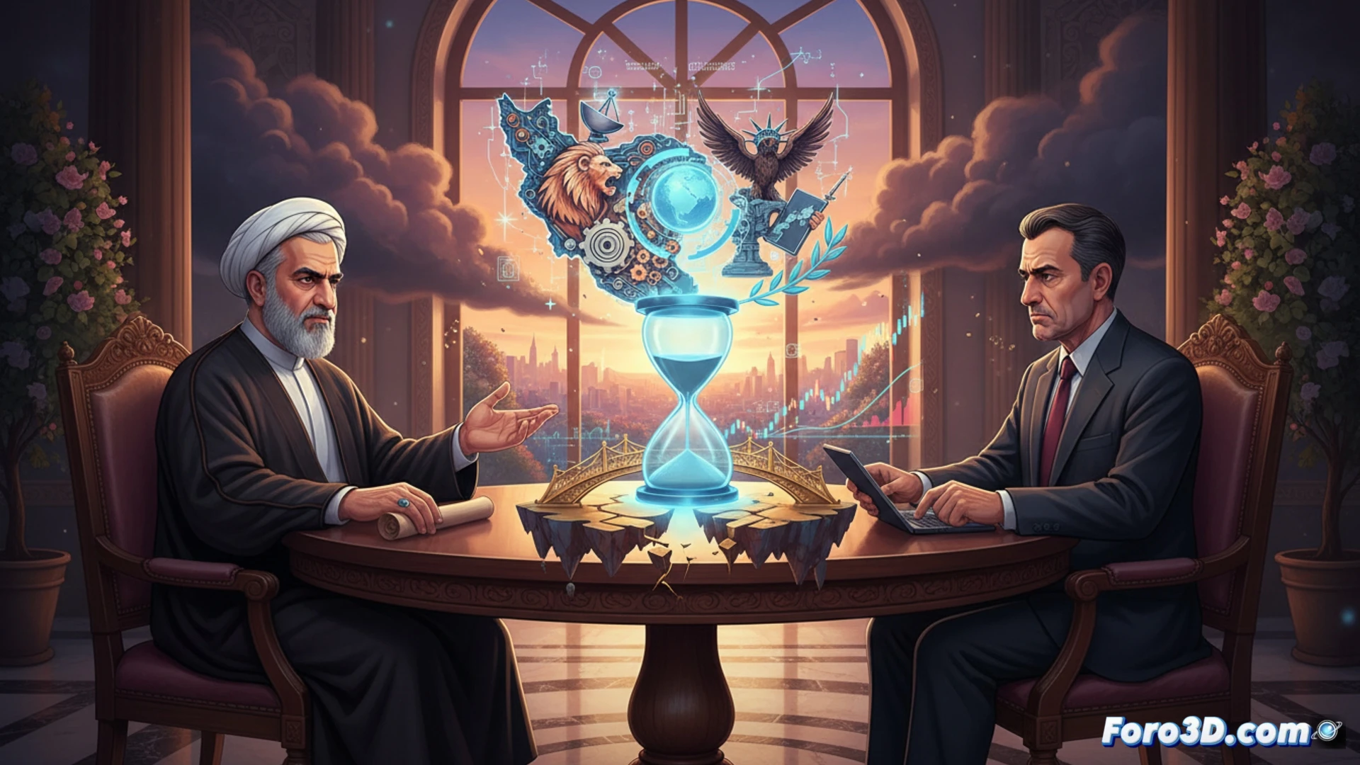 Dos banderas, la de Irán y EE.UU., sobre un tablero de ajedrez con piezas a medio mover, simbolizando negociaciones complejas y en curso.