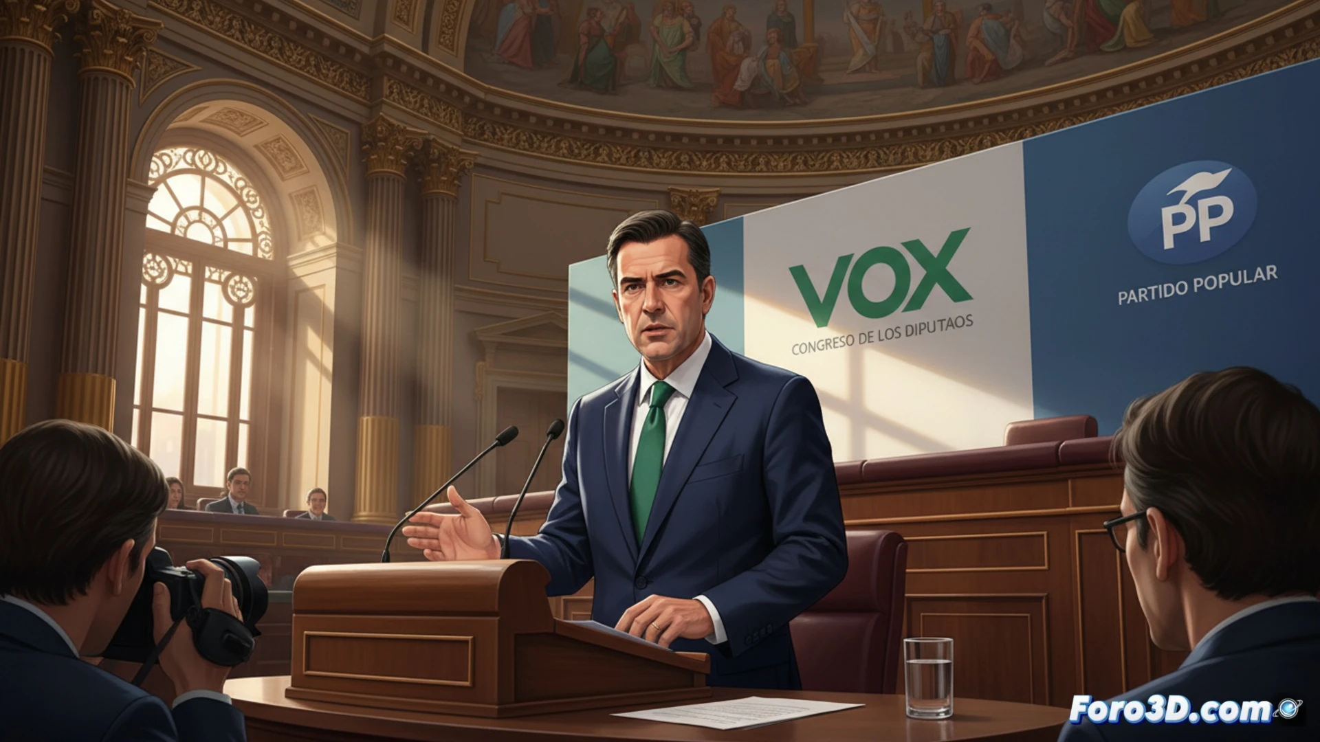 Dos hombres de traje, uno con el logo de Vox y otro del PP, estrechan manos sobre un embrión dibujado en una mesa de reunión.