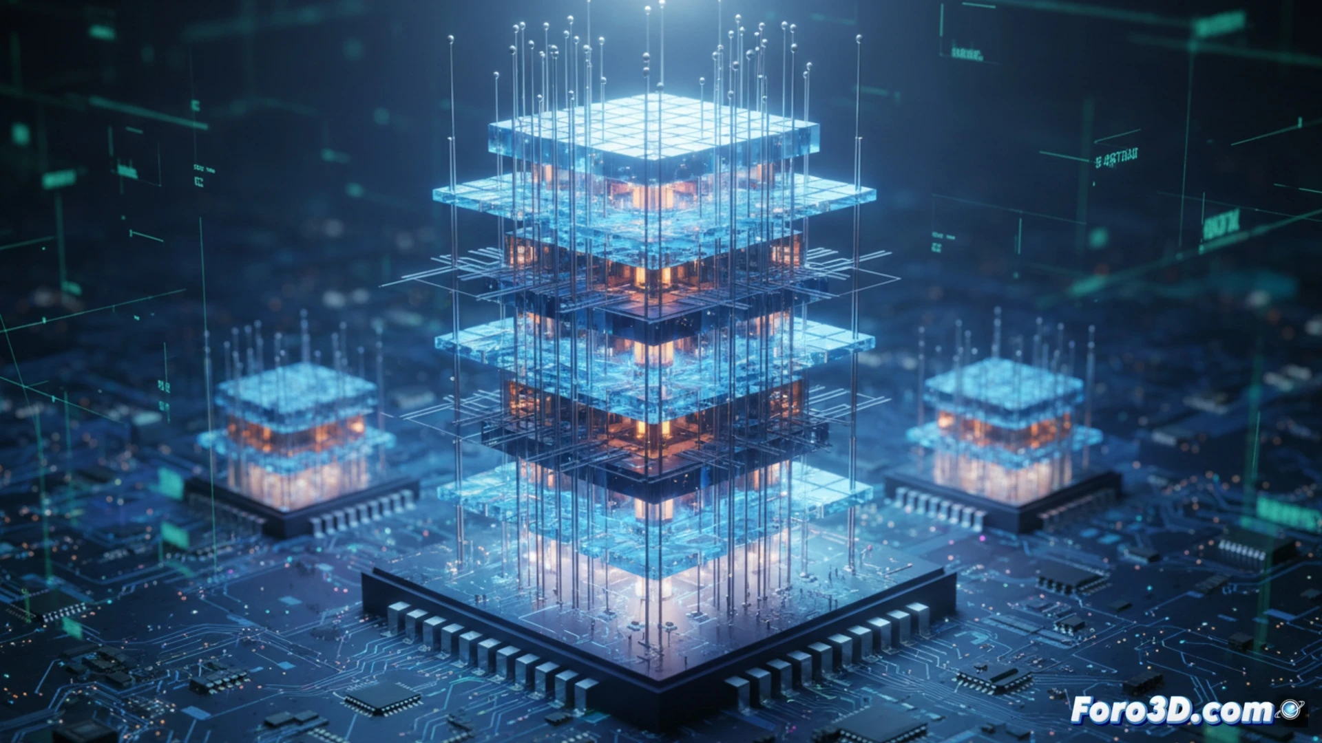 Primer plano de un chip de silicio azulado con capas verticales de celdas luminosas, apiladas como un rascacielos microscópico sobre un fondo de circuitos dorados.
