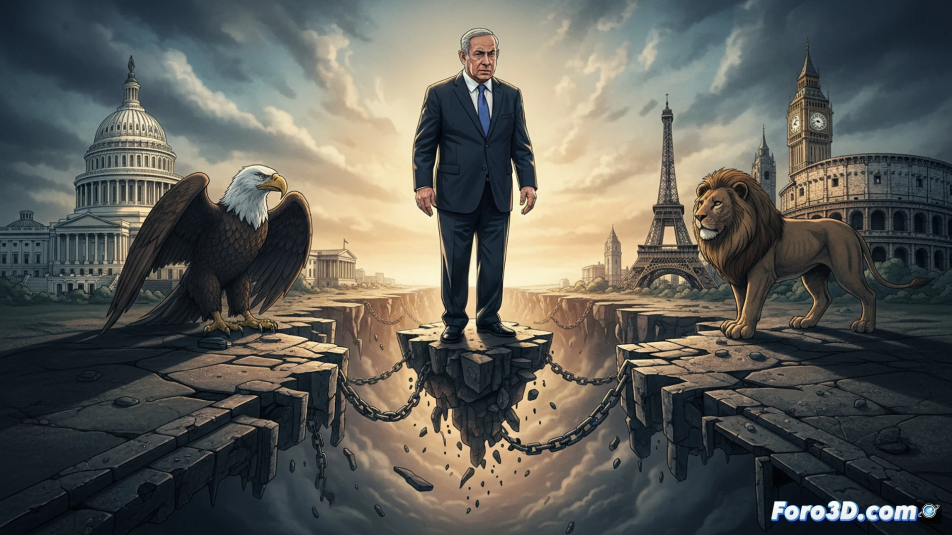 Un mapa con banderas de Israel, EE.UU. y Europa separándose, mostrando grietas y distancia entre ellas.